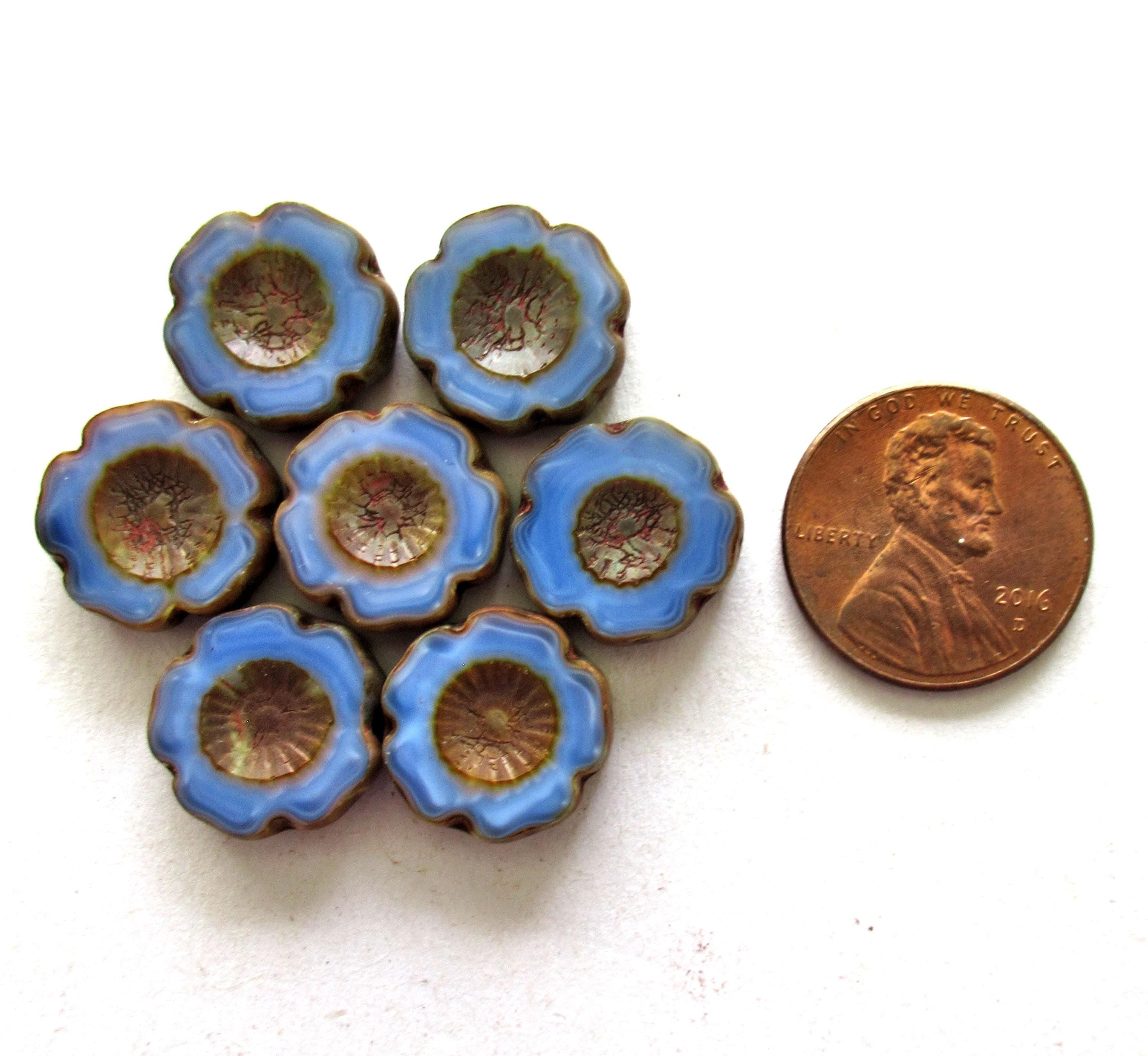Six Czech glass flower beads - 14mm - marbled cornflower blue w/ picasso accents - table cut carved - Hawaiian hibiscus flower beads C00501
