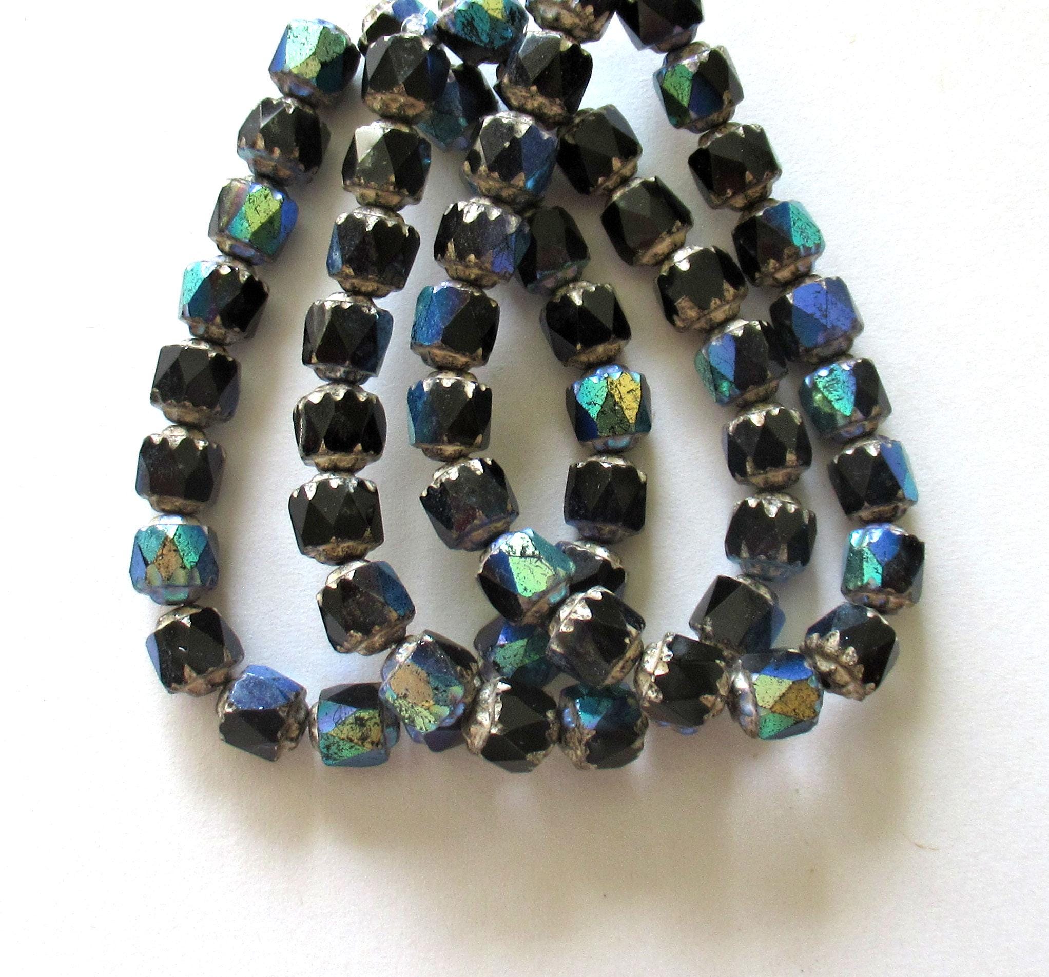 20 6mm Czech glass cathedral beads - black ab w/ silver picasso accents - faceted fire polished antique cut beads C00561