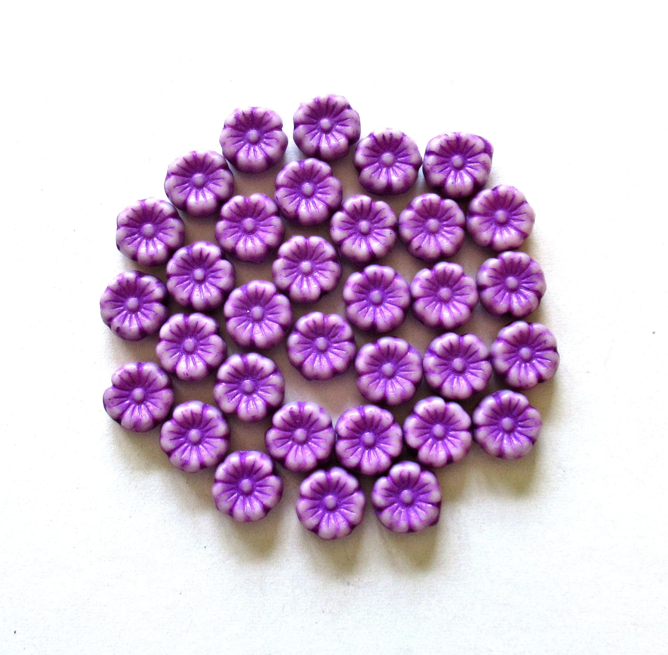 15 Czech glass flower beads - 8mm - opaque white beads with a bright purple wash - Hawaiian hibiscus flower beads - C00601