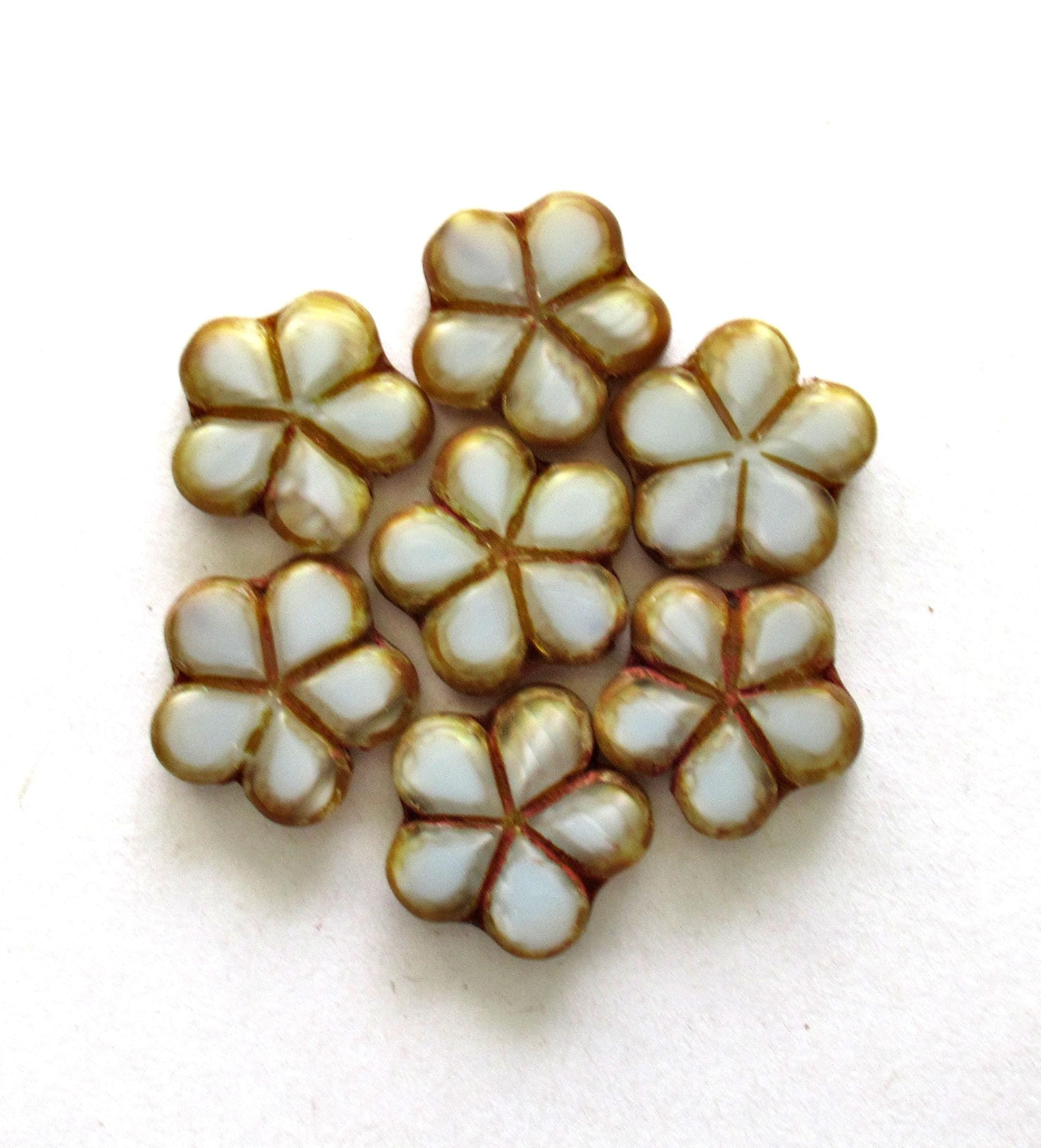 Six Czech glass flower beads - opaque light gray with brown picasso accents - 17mm - table cut carved beads - C00971