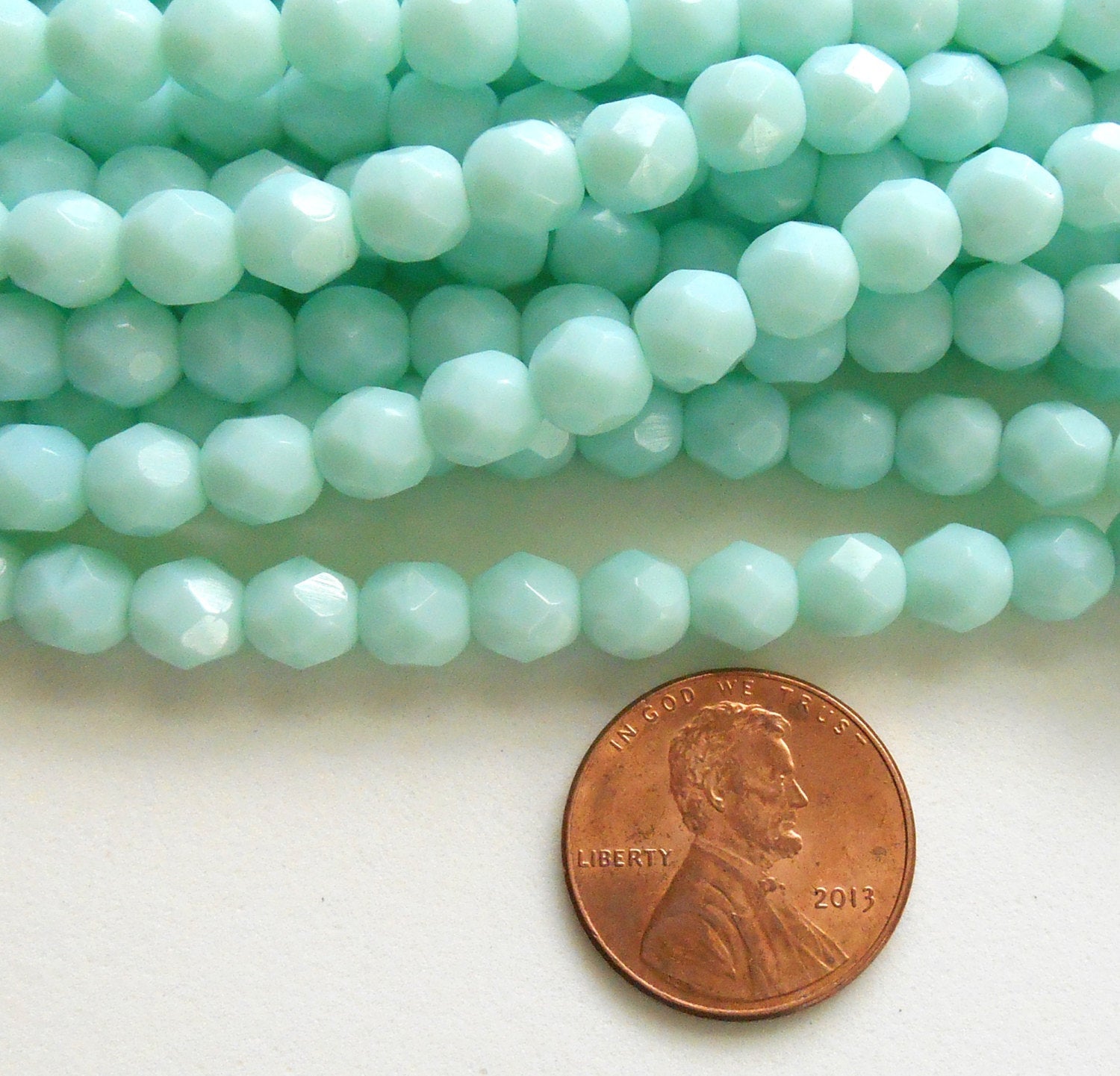 25 6mm Opaque Pale Jade Czech glass beads, minty geen, firepolished, faceted round beads, C7625 - Glorious Glass Beads