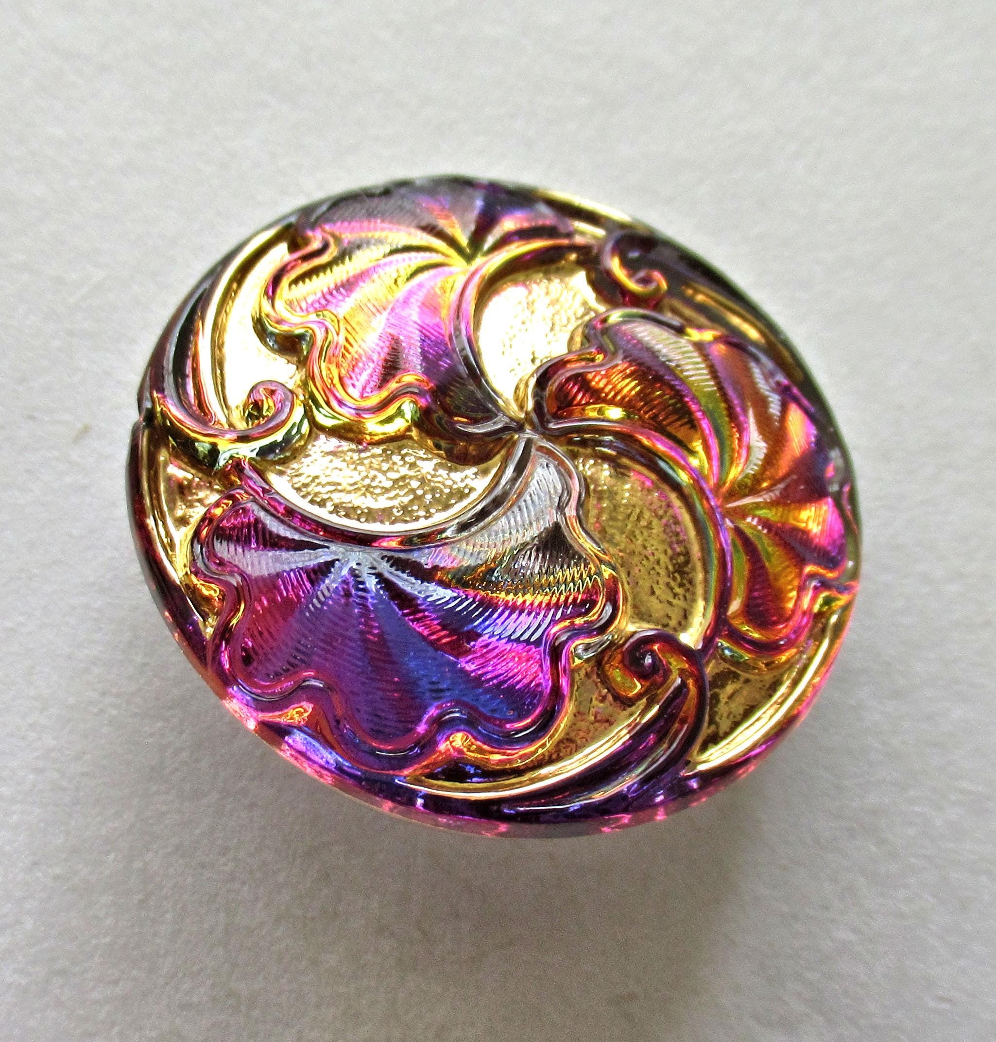 One 27mm iridescent Czech glass button - pink orange and purple w/ gold accents - art nouveau stylized leaves decorative shank button 000833