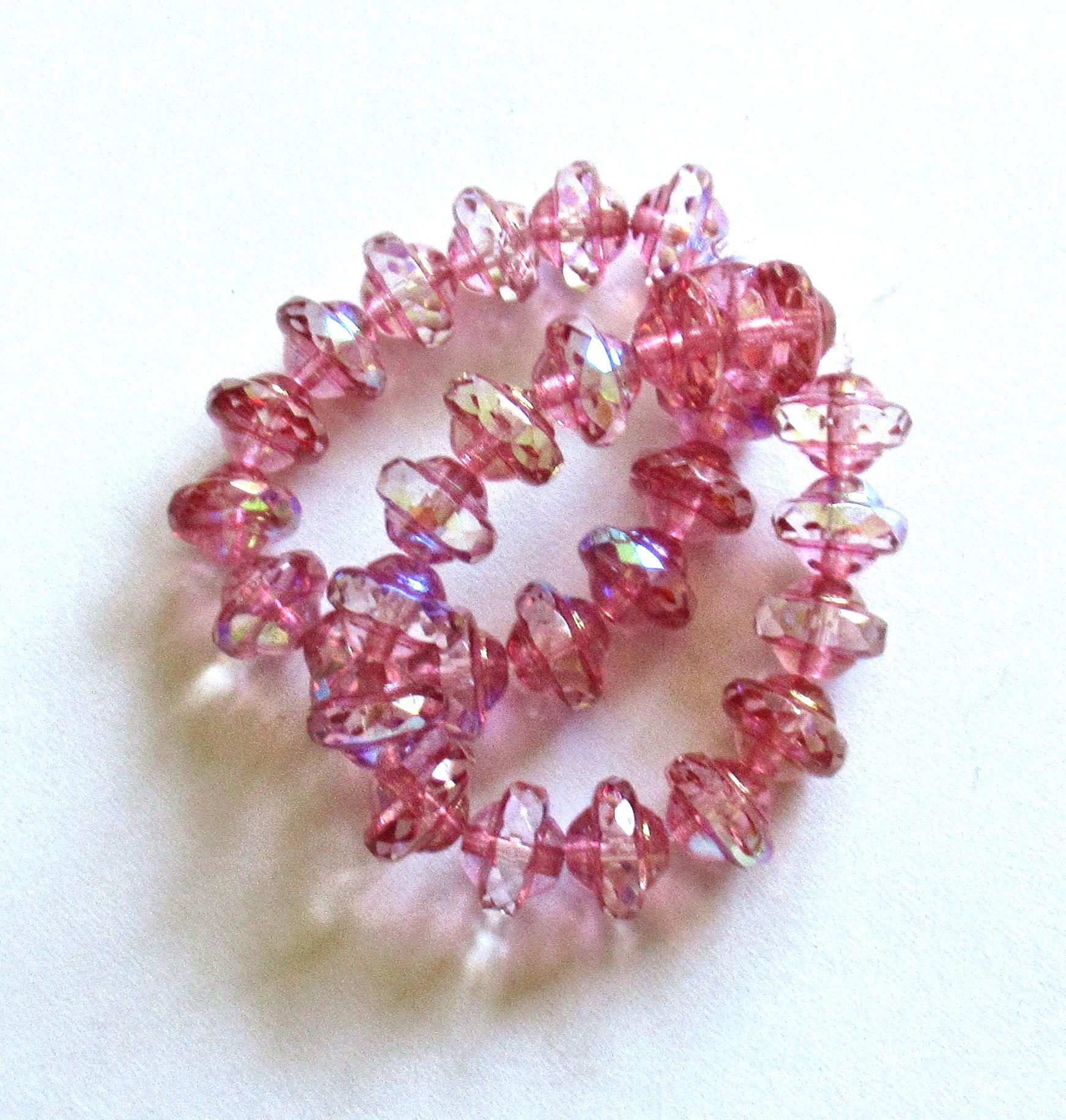 15 Czech glass mini saturn beads - 6 x 8mm - crystal clear with pink, AB & bronze finishes - faceted saucer beads - C00842