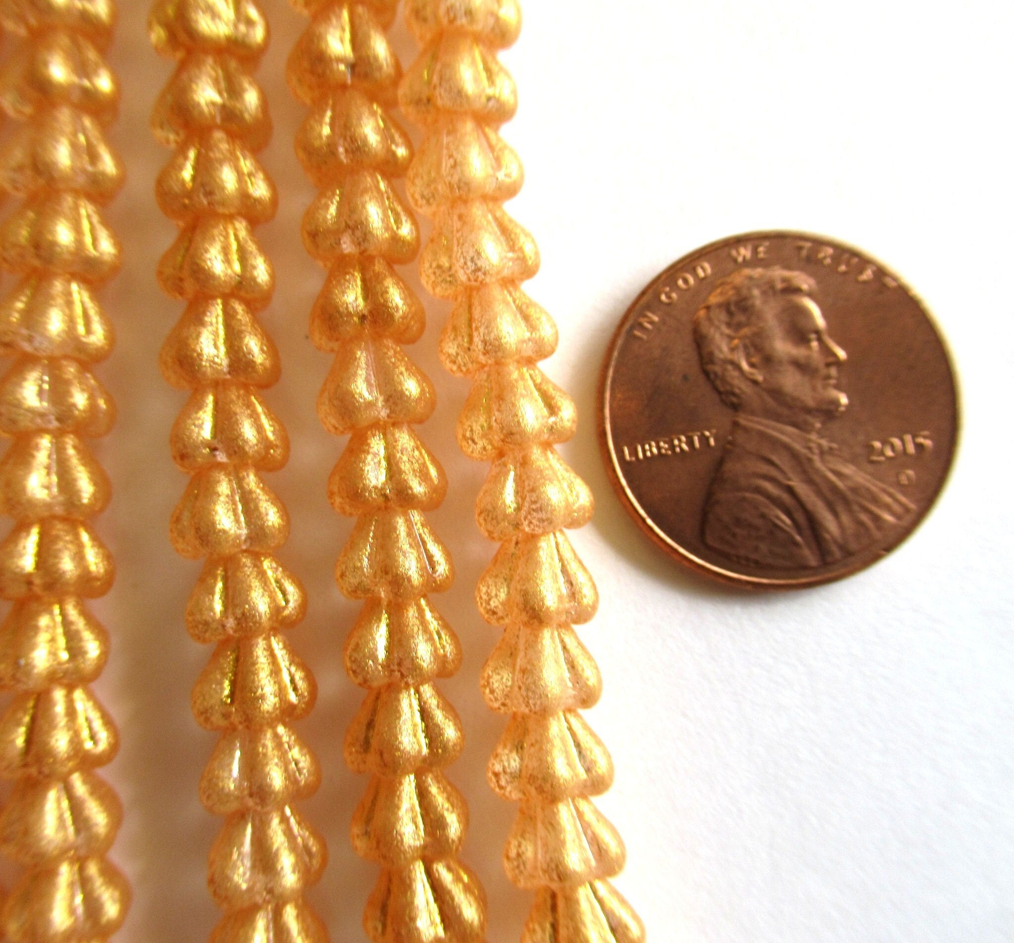 50 6 x 4mm baby bell flower Czech glass beads - honey shimmer gold golden flower beads - 0069