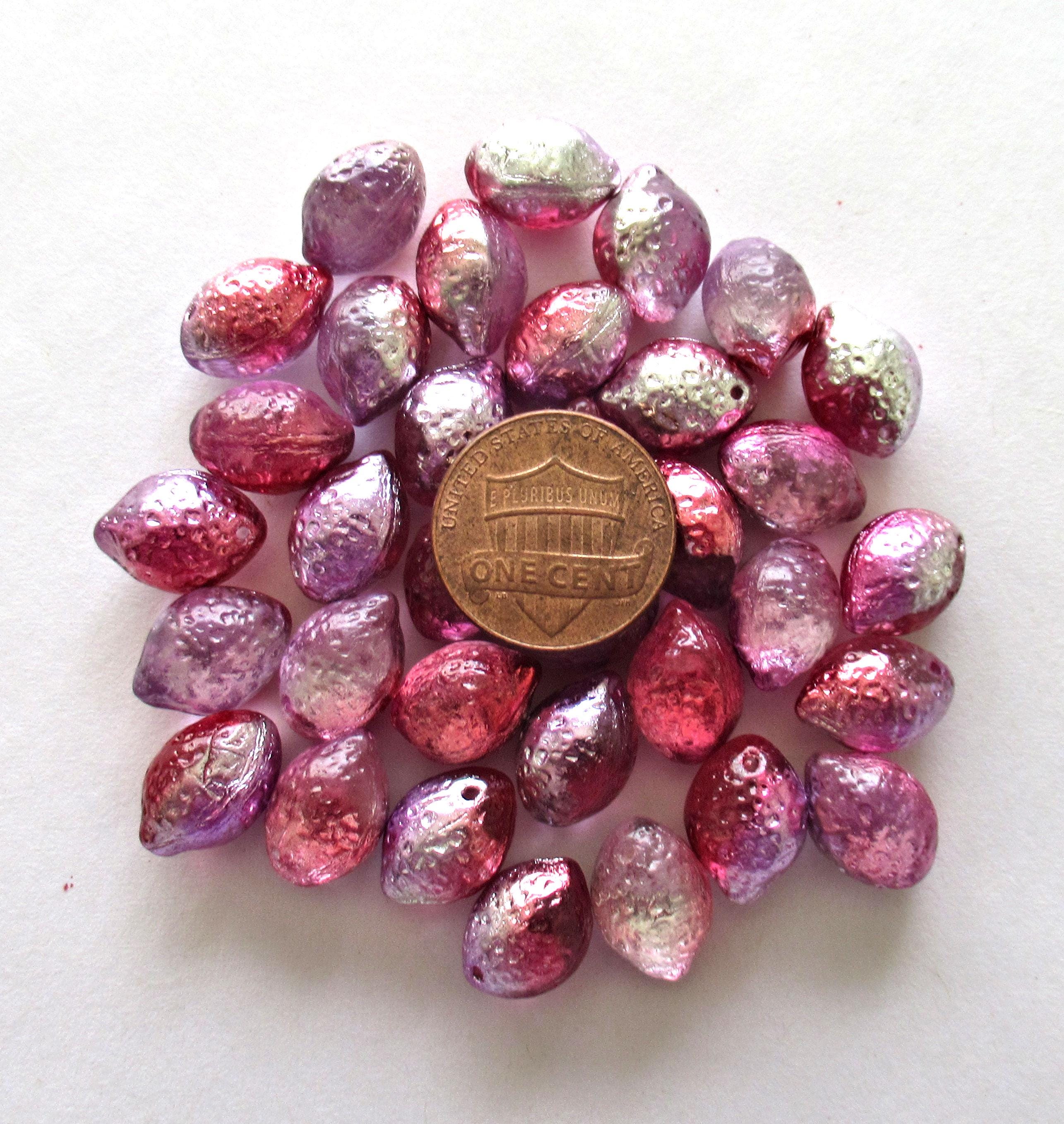 Lemon shaped drop beads - 14 x 10mm - pink lilac & silver - side drilled - pressed Czech glass beads - 10 pieces - C00831