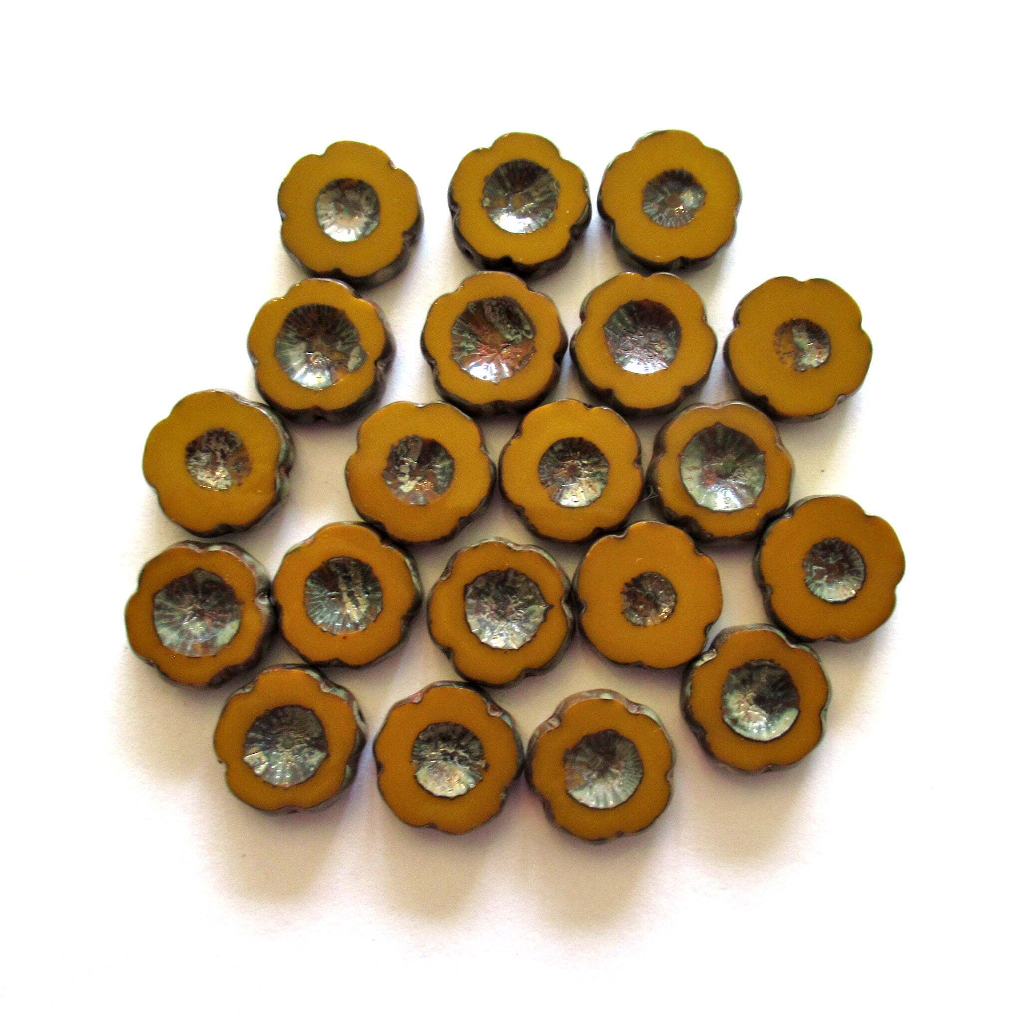 Five Czech glass flower beads. 14mm table cut, carved, opaque umber brown picasso Hawaiian hibiscus earthy rustic flower beads C00001