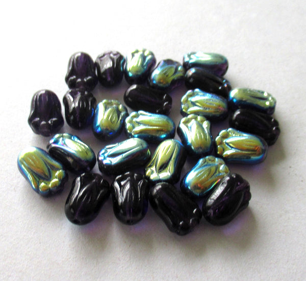 25 Czech glass tulip flower beads - tanzanite purple ab - 12 x 8mm - pressed glass beads - C00096