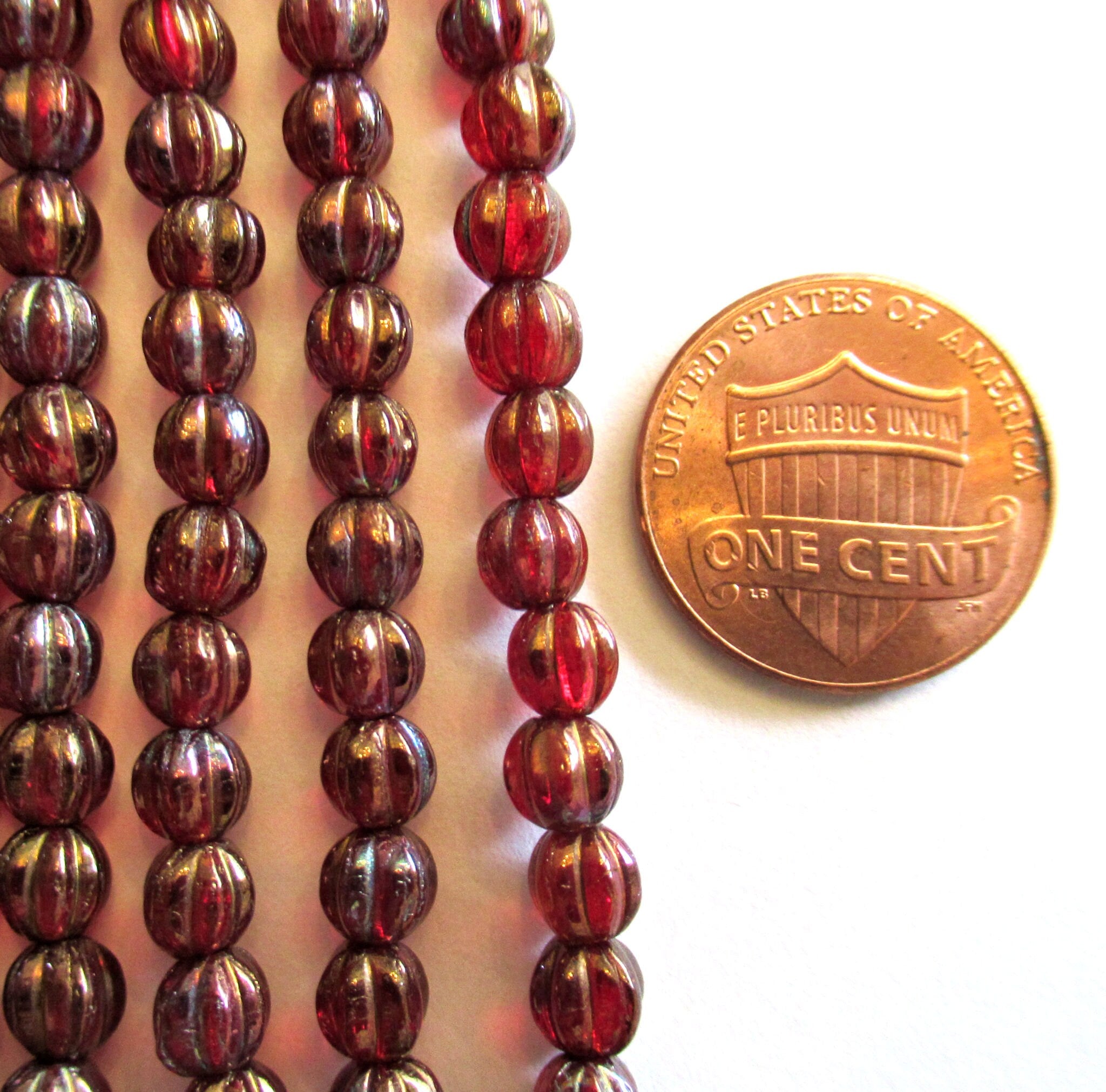 Fifty 5mm Czech glass melon beads - ruby garnet bronze iris transparent red melon beads - pressed glass beads C0026