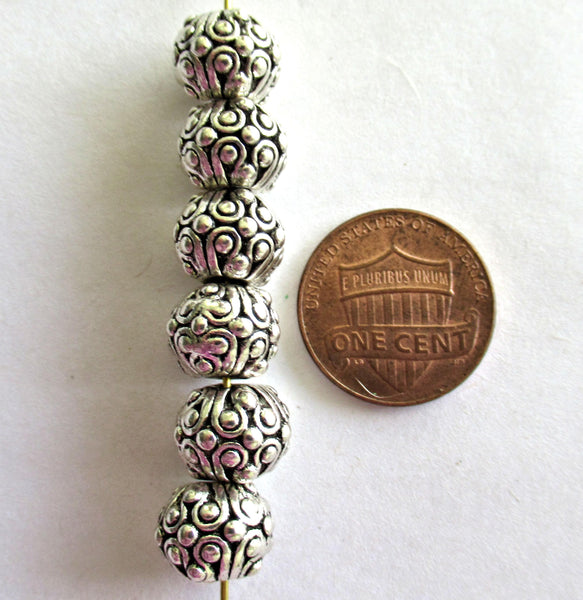 Antique Tibetan style - silver tone metal alloy beads - 10mm - ornate round big hole beads - 15 pieces - C00051