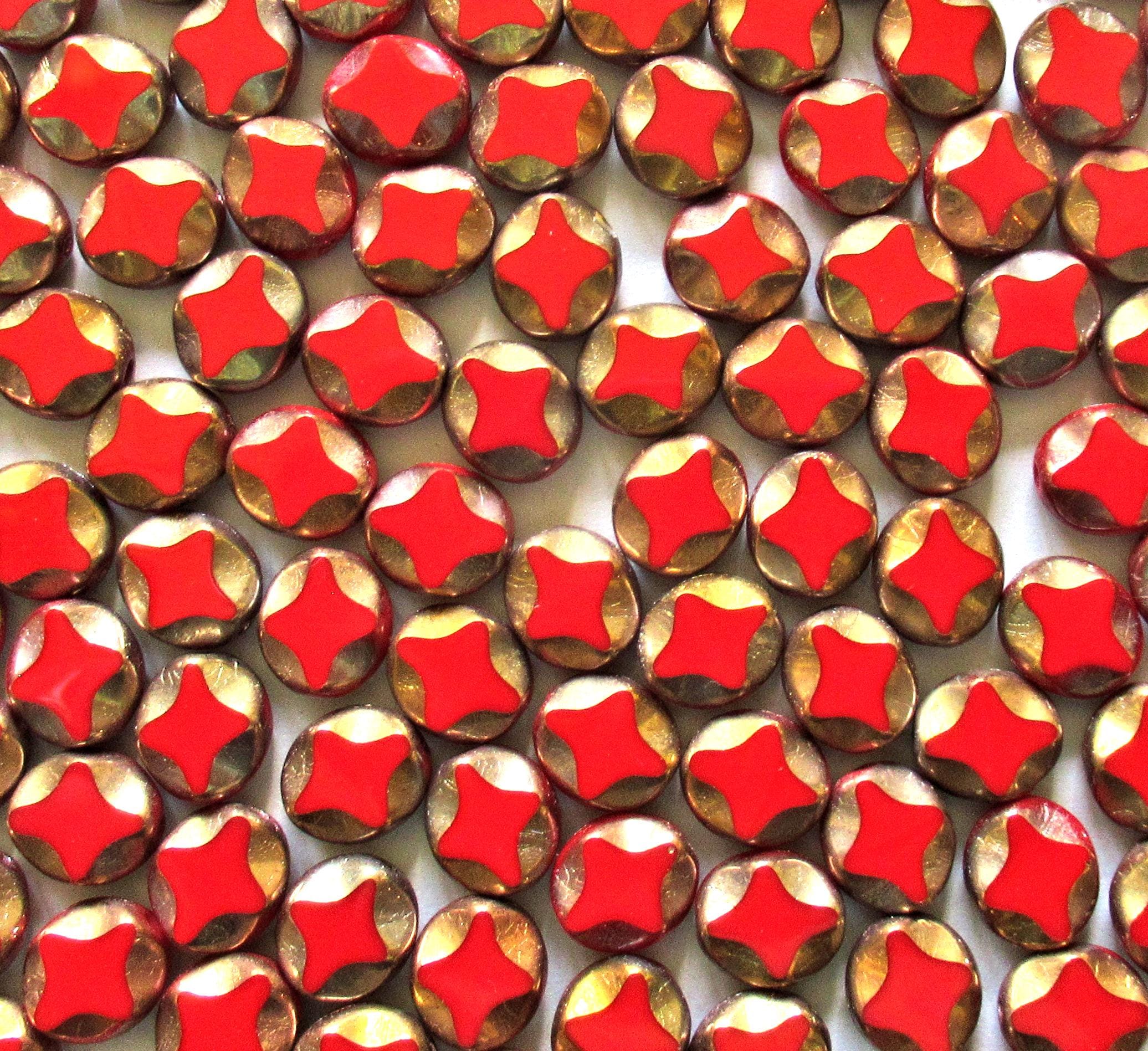10 Czech glass oval beads - 9 x 8mm - red oval with gold accents - carved table cut beads with a diamond pattern - C00121