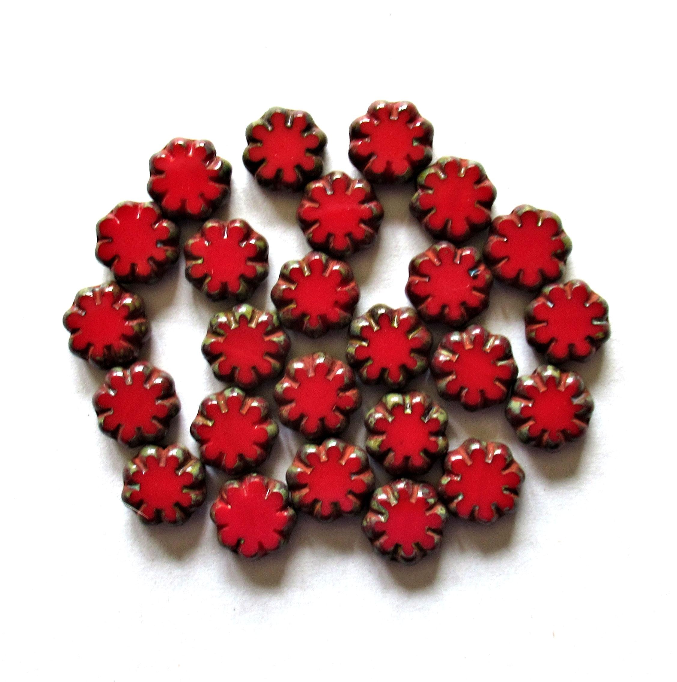 15 Czech glass cactus flower beads - opaque red picasso beads - 9mm - table cut - C00612
