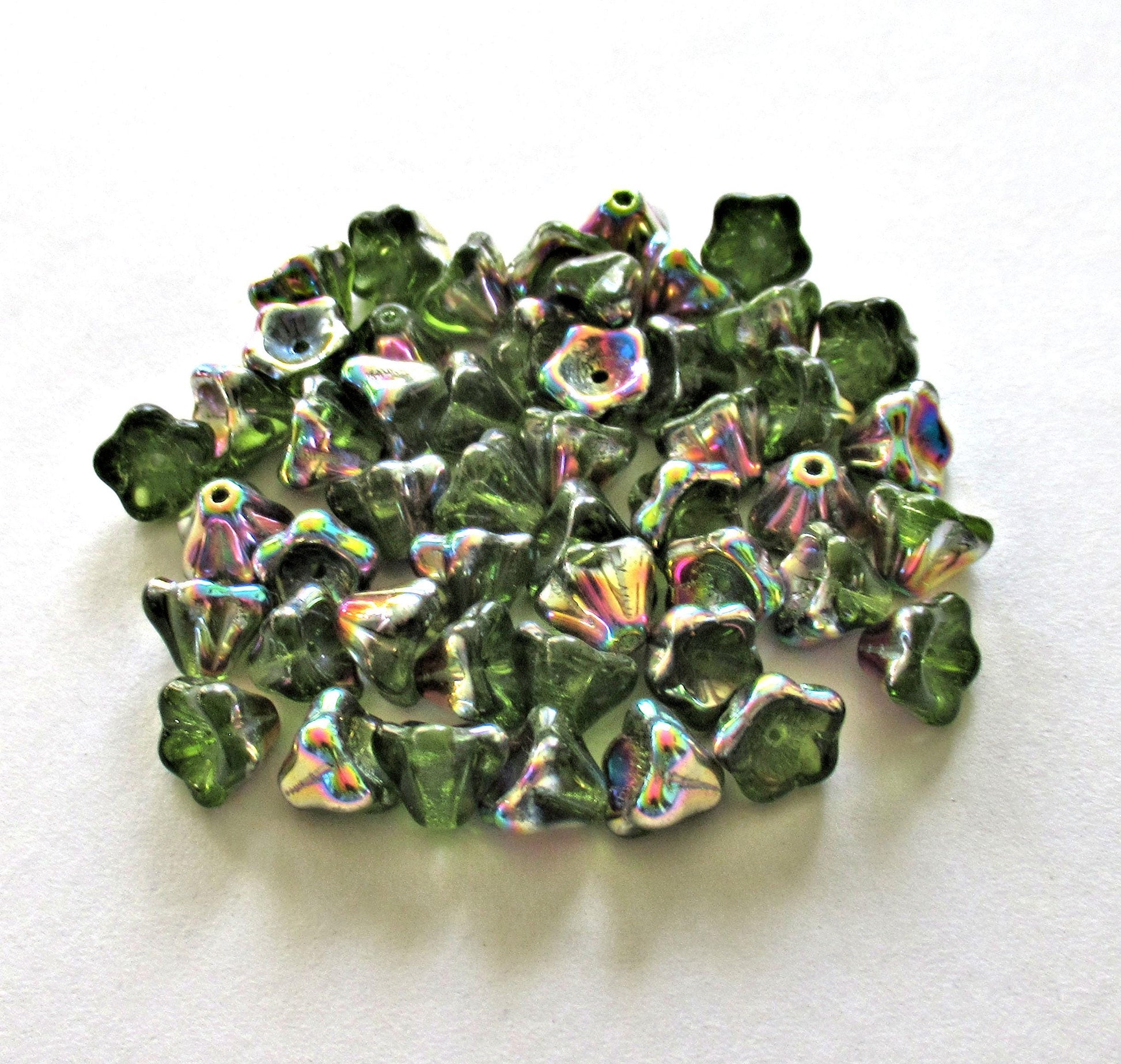 25 Czech glass bell flower beads - olivine green vitrail pressed glass flower beads - 8 x 6mm - C0026 - Glorious Glass Beads