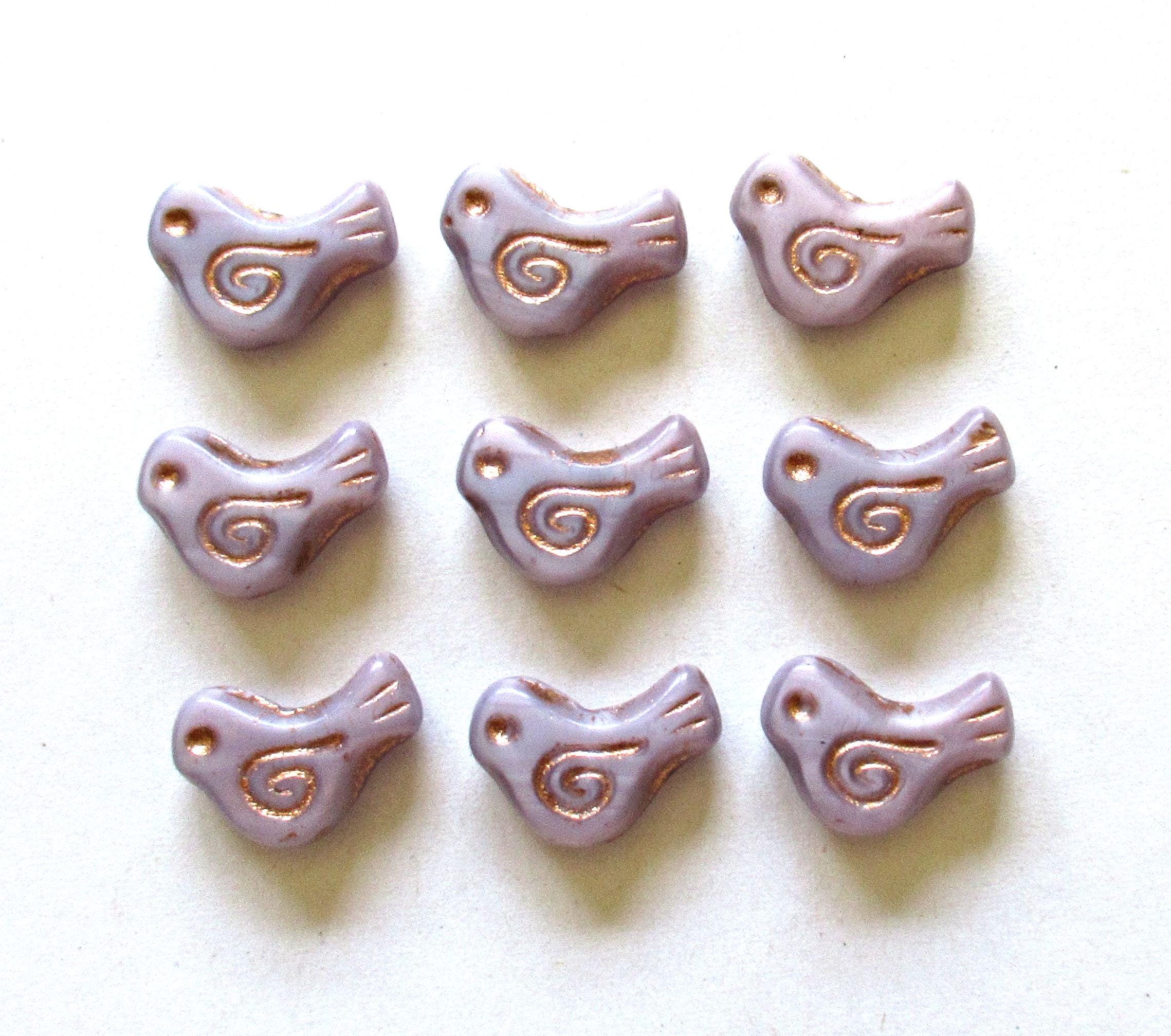 8 Czech glass bird beads - 12 x 16mm - opaque light purple, lavender or lilac silk with a copper wash - C0621