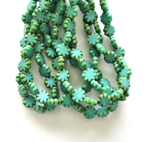 15 Czech glass flower beads - turquoise green picasso beads - 9mm - table cut cactus flower beads - C00261