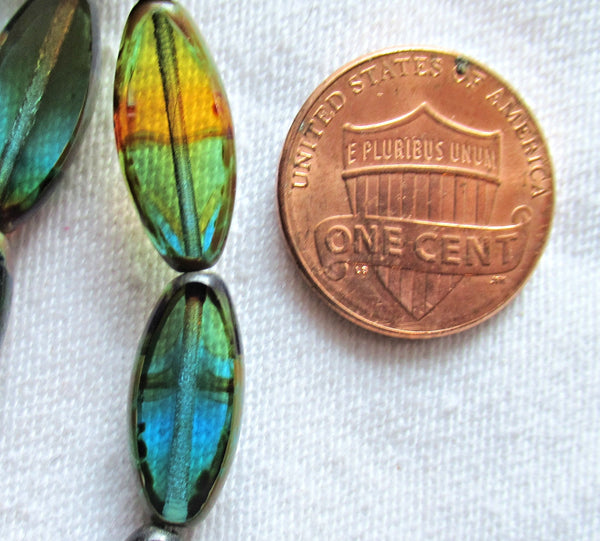 Ten Czech glass spindle beads - transparent amber, green & blue color mix - 18 x 7mm table cut almond shaped tube beads C08101