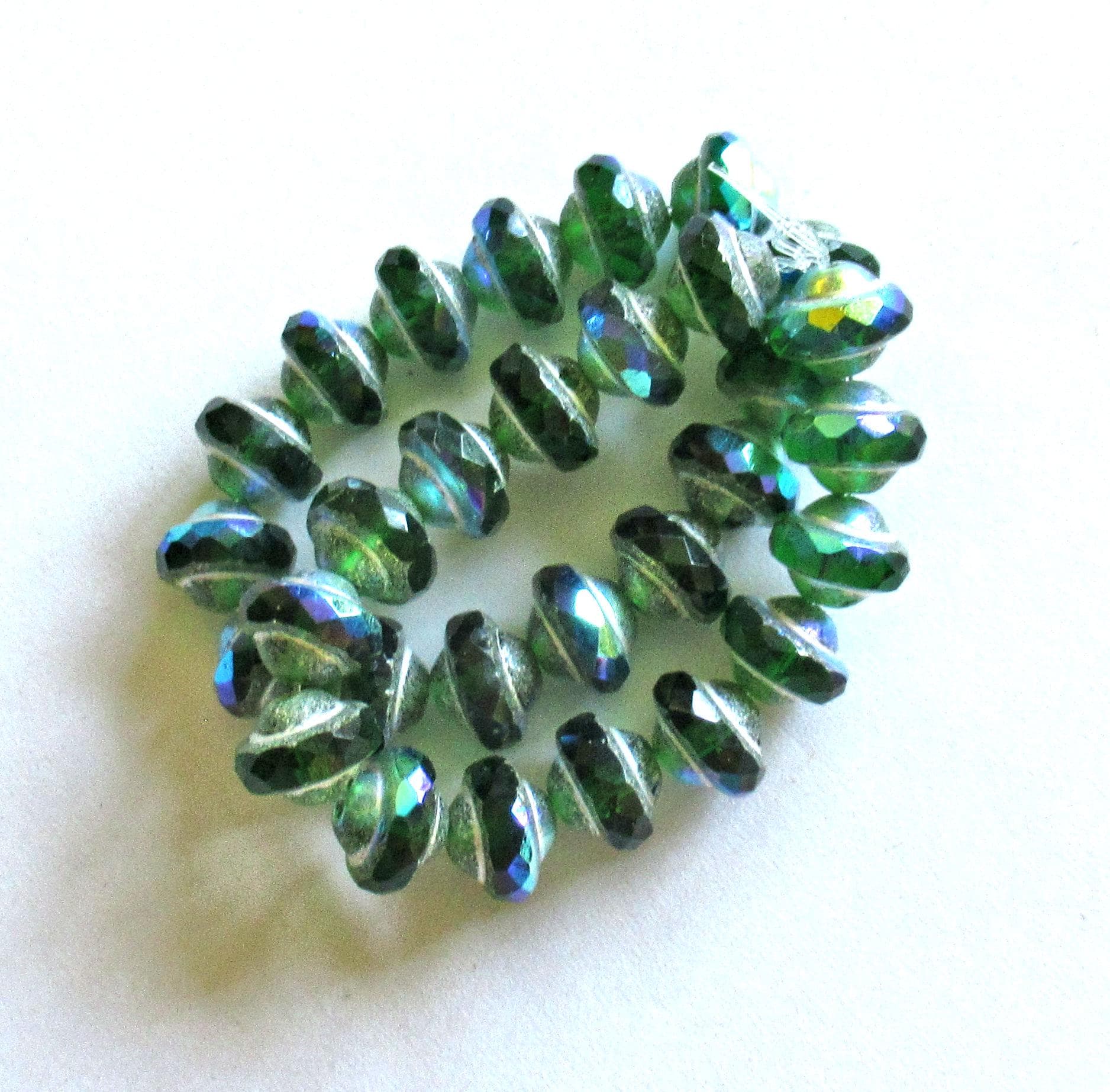 15 mini Czech glass saturn / saucer beads - 6 x 8mm - emerald green ab with antique silver picasso accents - C00842