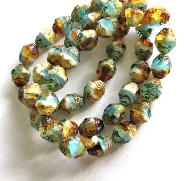 15 Czech glass mini antique style faceted oval beads - 8 x 6mm amber blue and white color mix beads with a picasso finish - C00071