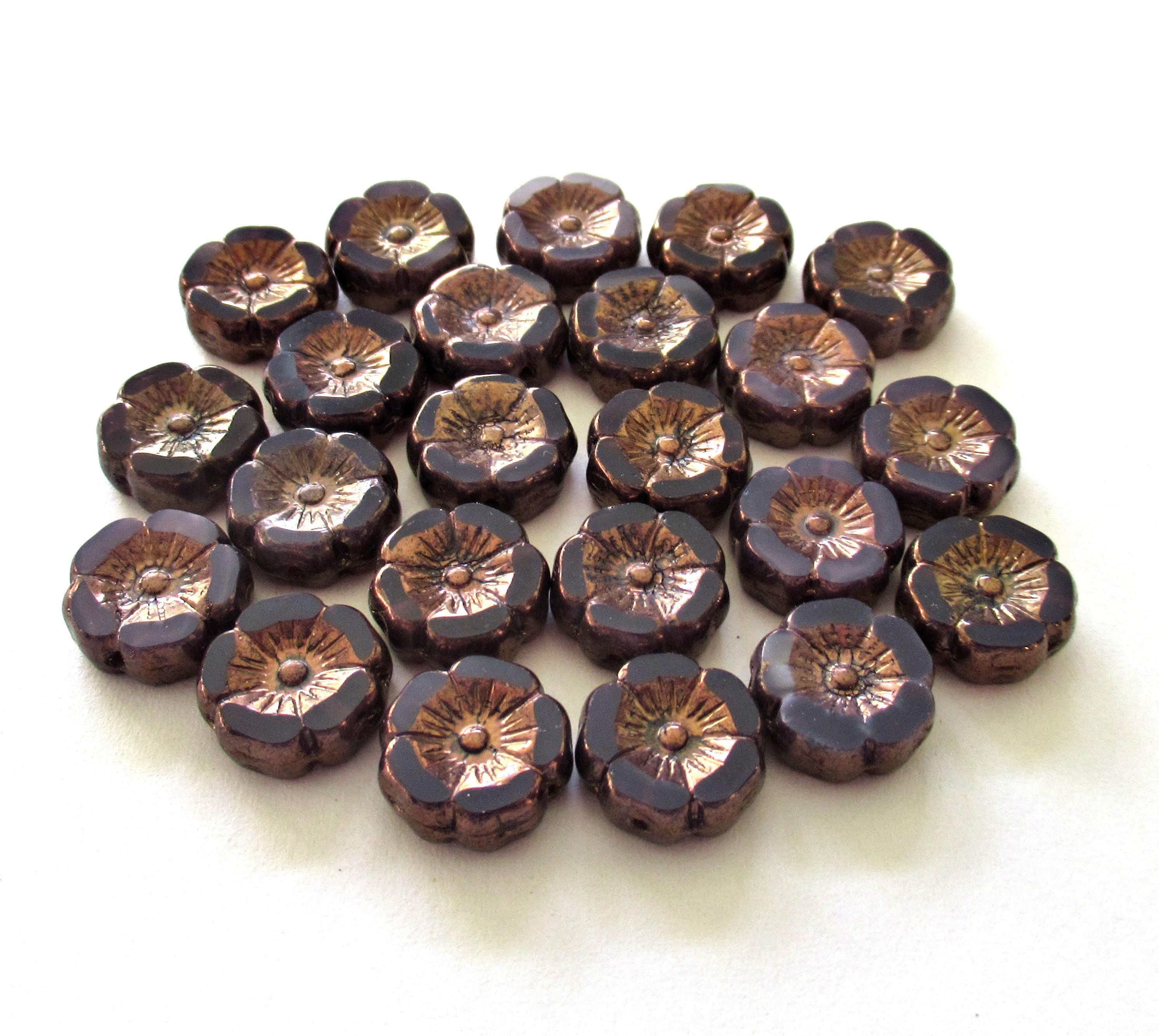 Czech glass flower beads - 12mm - purple opaline w/ a bronze wash - Hawaiian hibiscus - table cut carved - 8 pieces - 00002