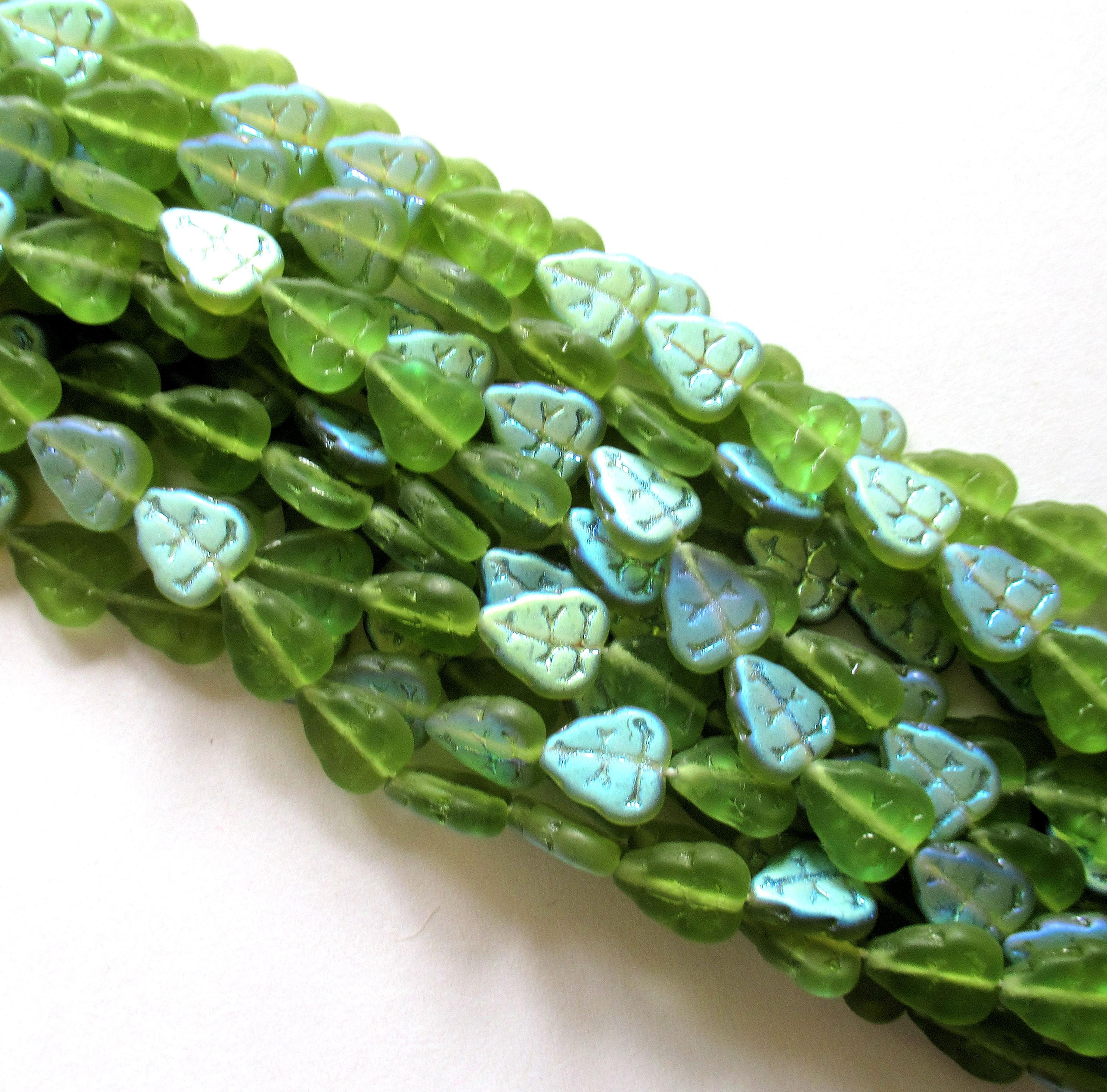 25 Czech glass leaf beads - Matte Olivine Green AB - center drilled - 8 x 10mm - C0056