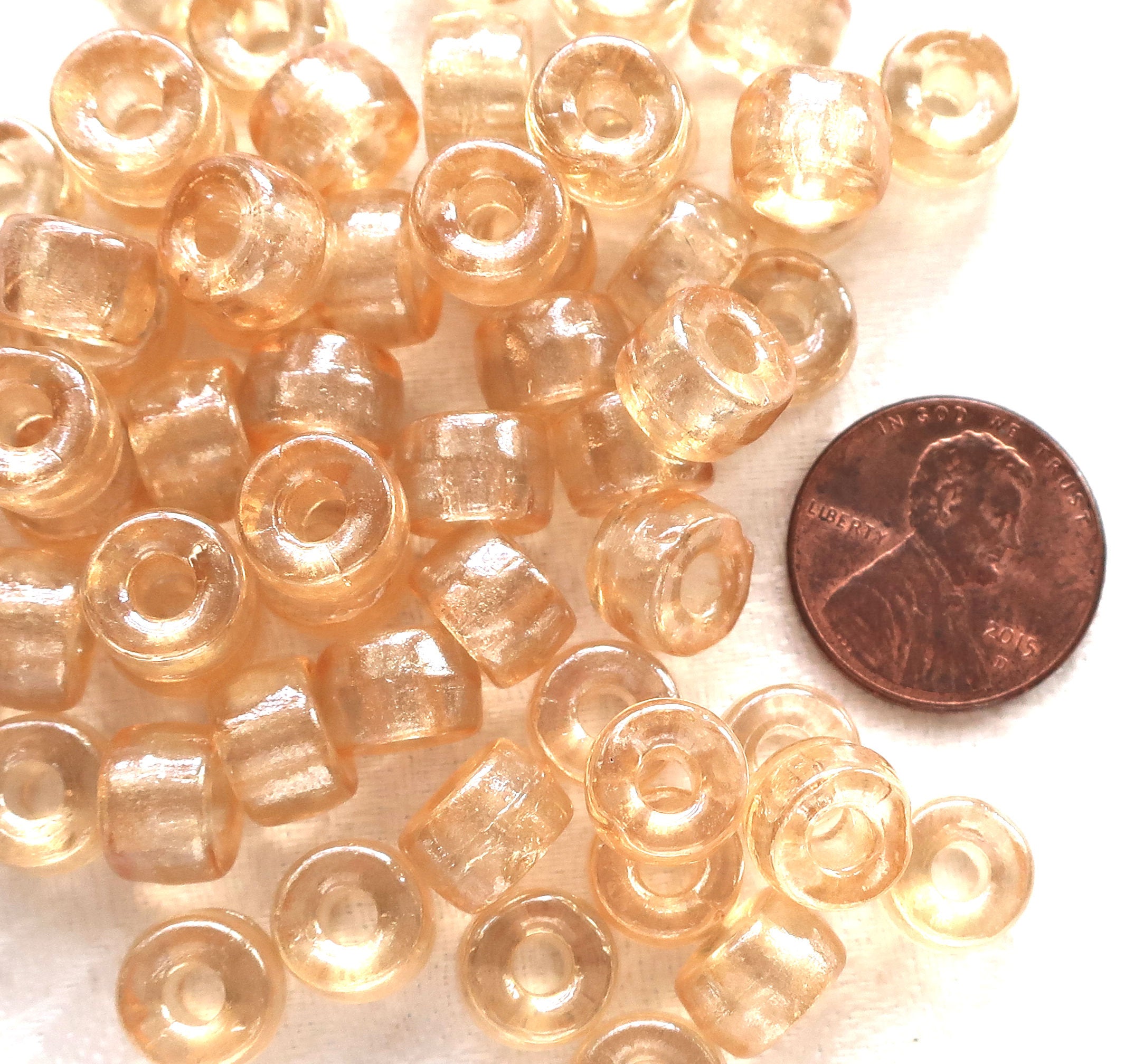 Lot of 25 9mm Crystal Champagne Czech glass pony roller beads, large hole crow beads, C7701