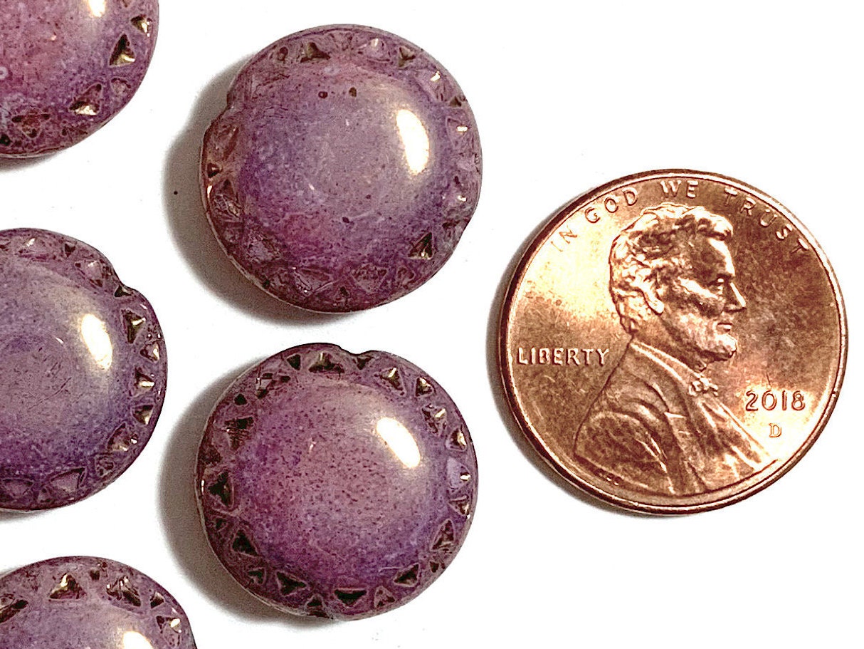 Six 16mm Czech glass puffy coin or disc beads - opaque lilac purple Aztec sun beads w/ a gold luster finish and textured edges C0501