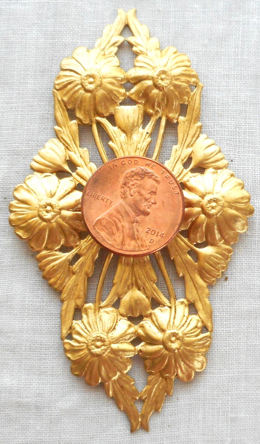 1 large raw brass Art Nouveau, Deco, Victorian Floral Filigree Dapt Connector, Pendant, stamping, ornament 80mm x 40mm made in the USA C5901 - Glorious Glass Beads