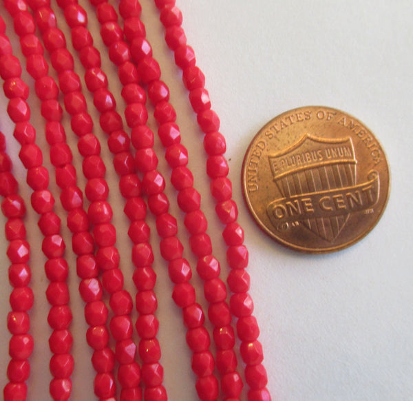 50 3mm faceted Czech glass beads - opaque bright red - round fire polished beads C0035