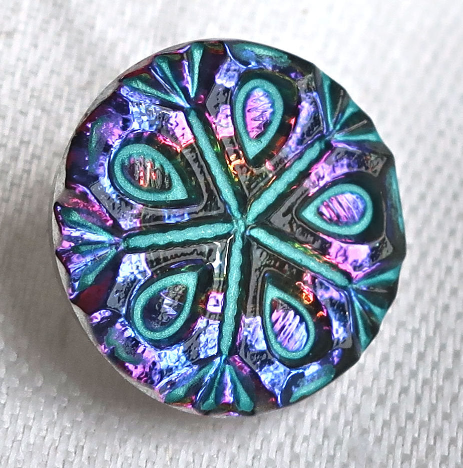 One 18mm Czech glass button, purple & blue iridescent snowflake with a turquoise wash, decorative shank button 53201