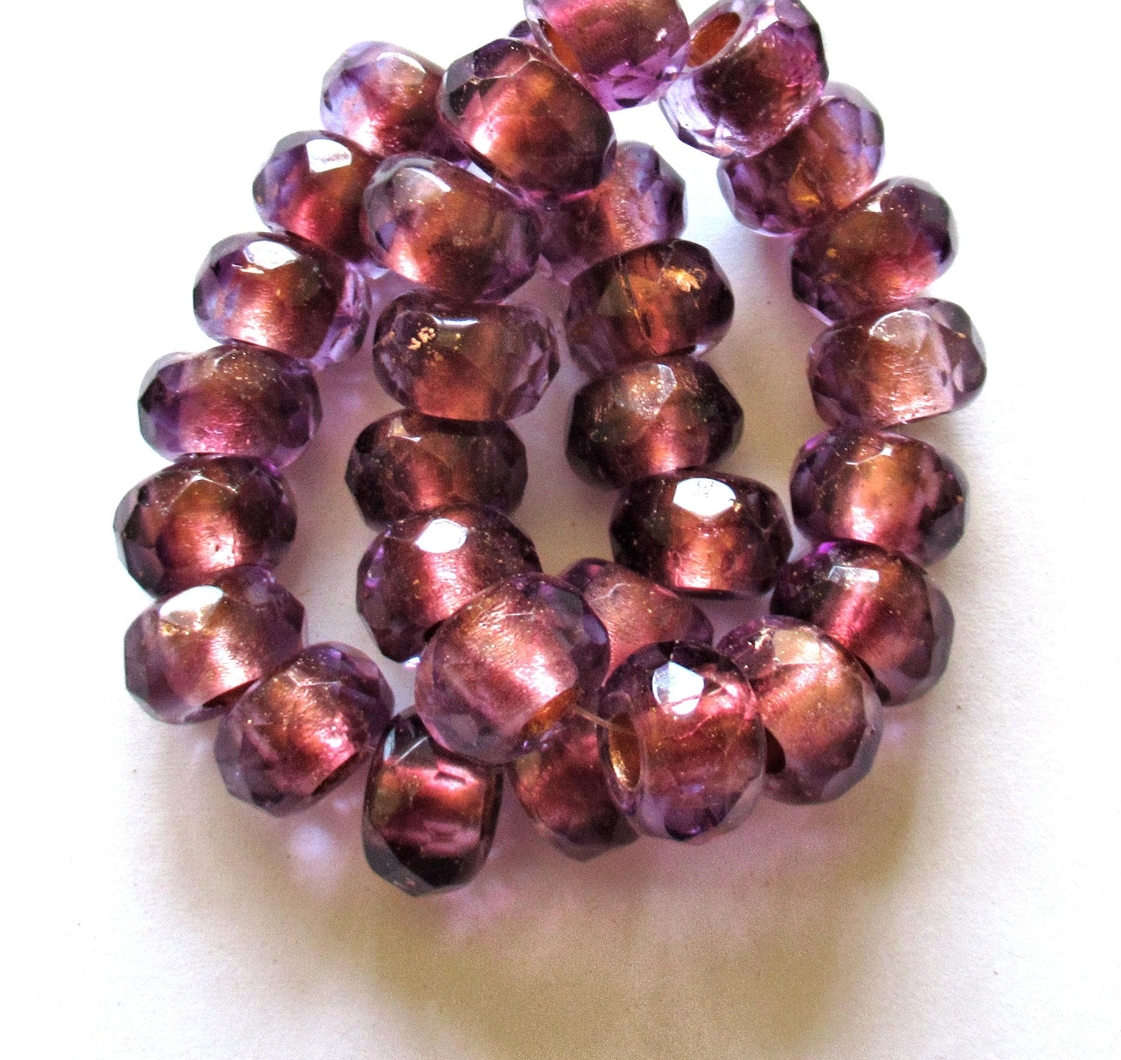 Five faceted Czech glass roller or rondelle beads - 12 x 8mm - wine red / burgundy copper lined - big 5mm holes - focal beads 00661
