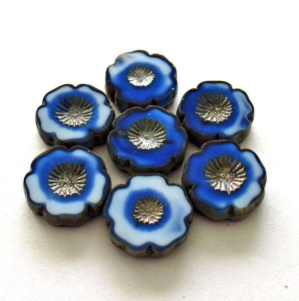 Six 16mm Czech glass flower beads - opaque marbled blue & white with silvery picasso accents - Hawaiian hibiscus flowers - 00612