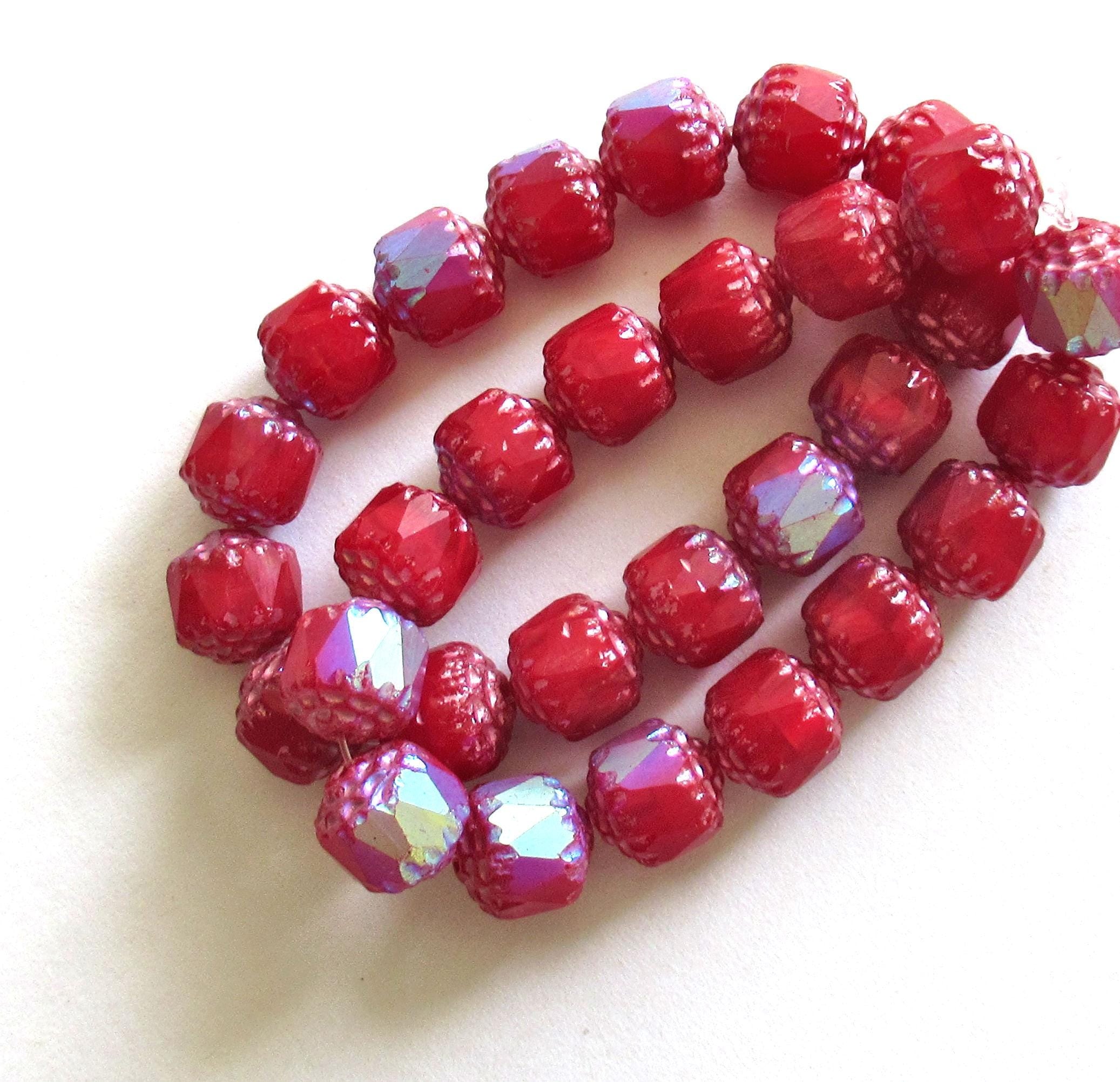 Lot of 15 8mm Czech glass cathedral beads - opaque red w/ AB accents - faceted fire polished antique cut beads C00761