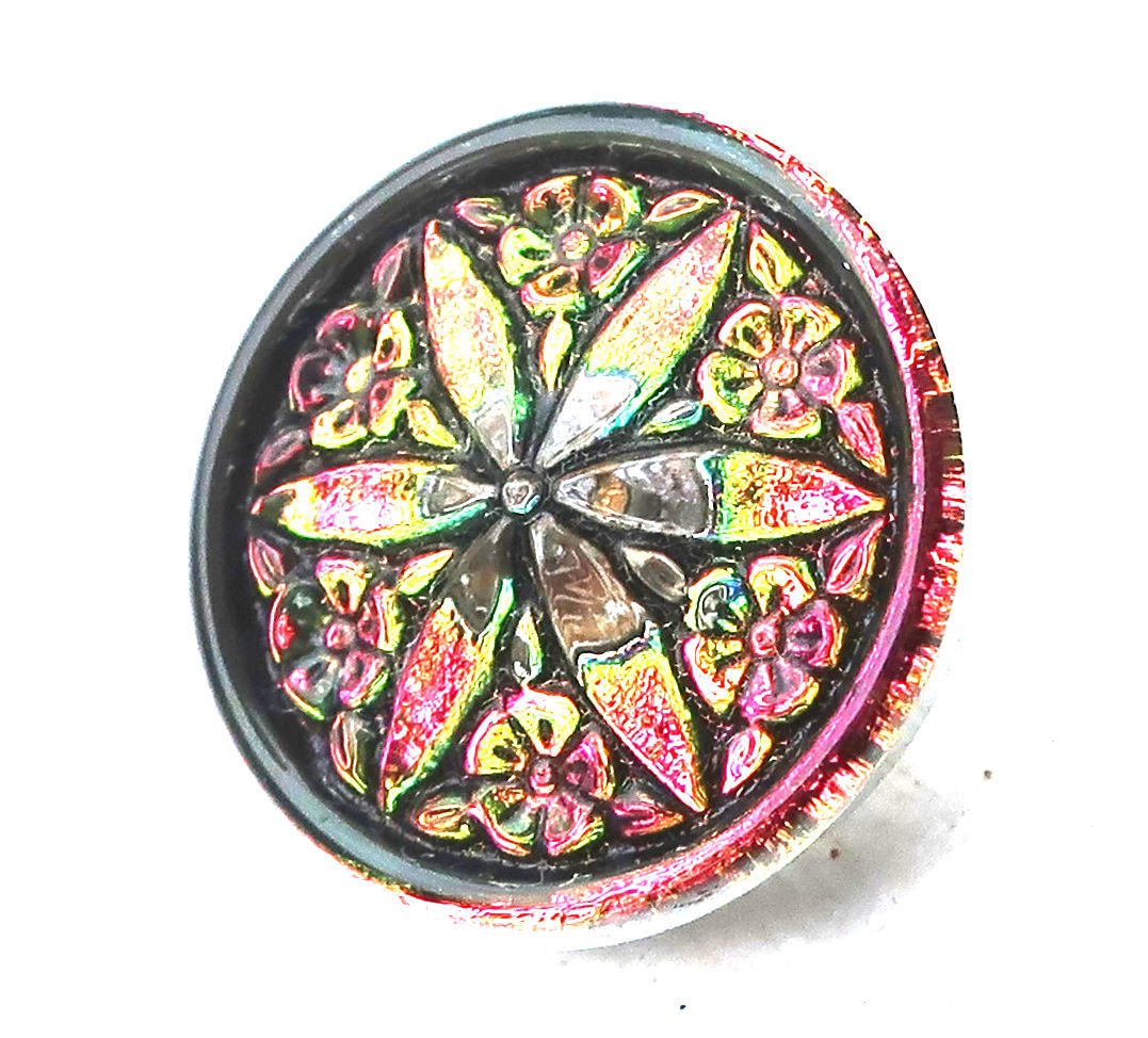 One 18mm iridescent Czech glass button, vitral pink, green yellow star flower button, decorative shank buttons 52201