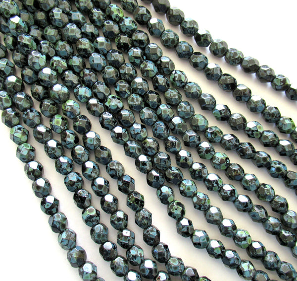 Lot of 25 6mm Czech glass beads - jet black with a picasso finish - fire polished faceted round glass beads C0014