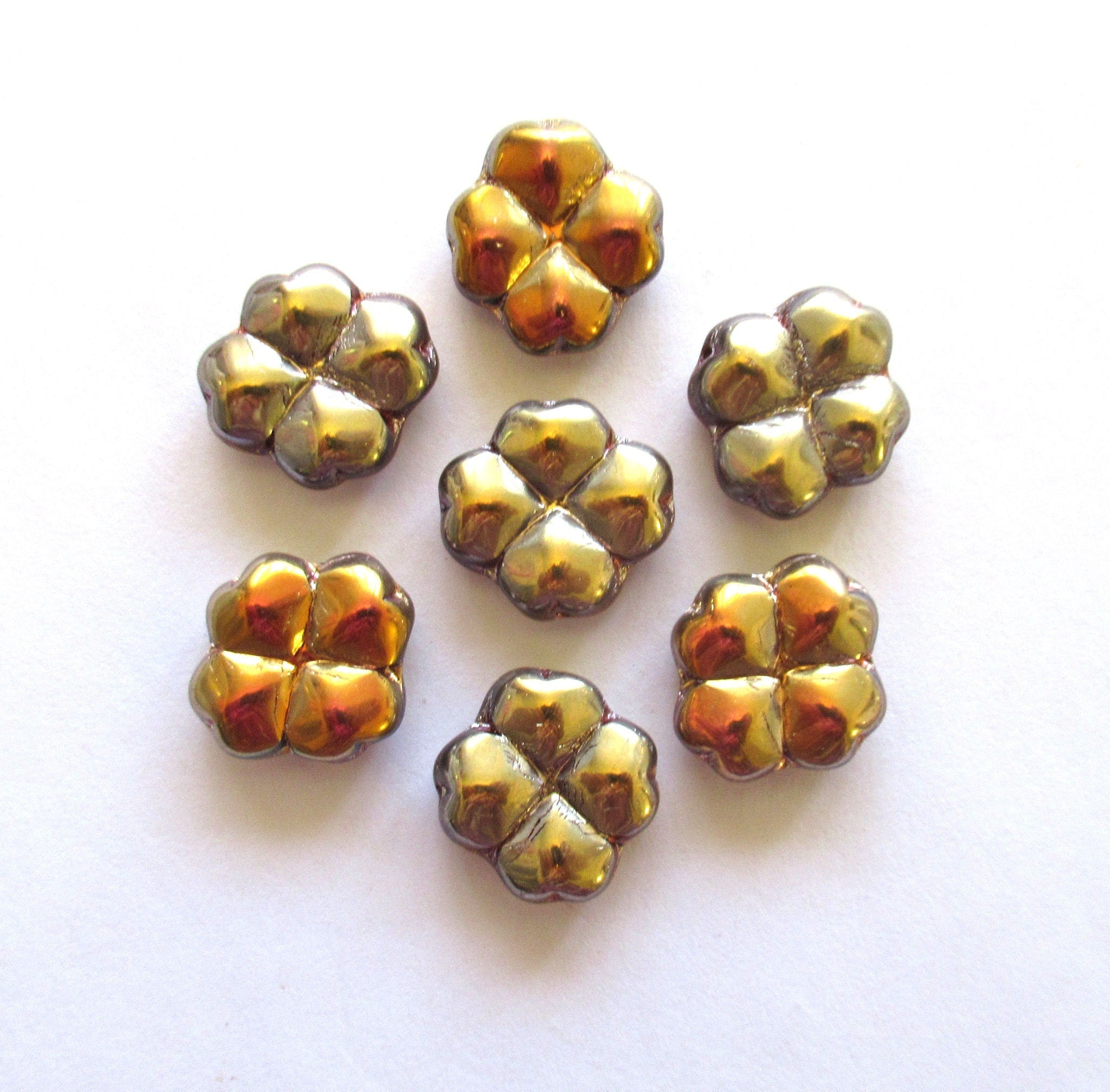 Eight 15mm Czech glass clover beads - two tone metallic gold four leaf clover shaped beads - 00011
