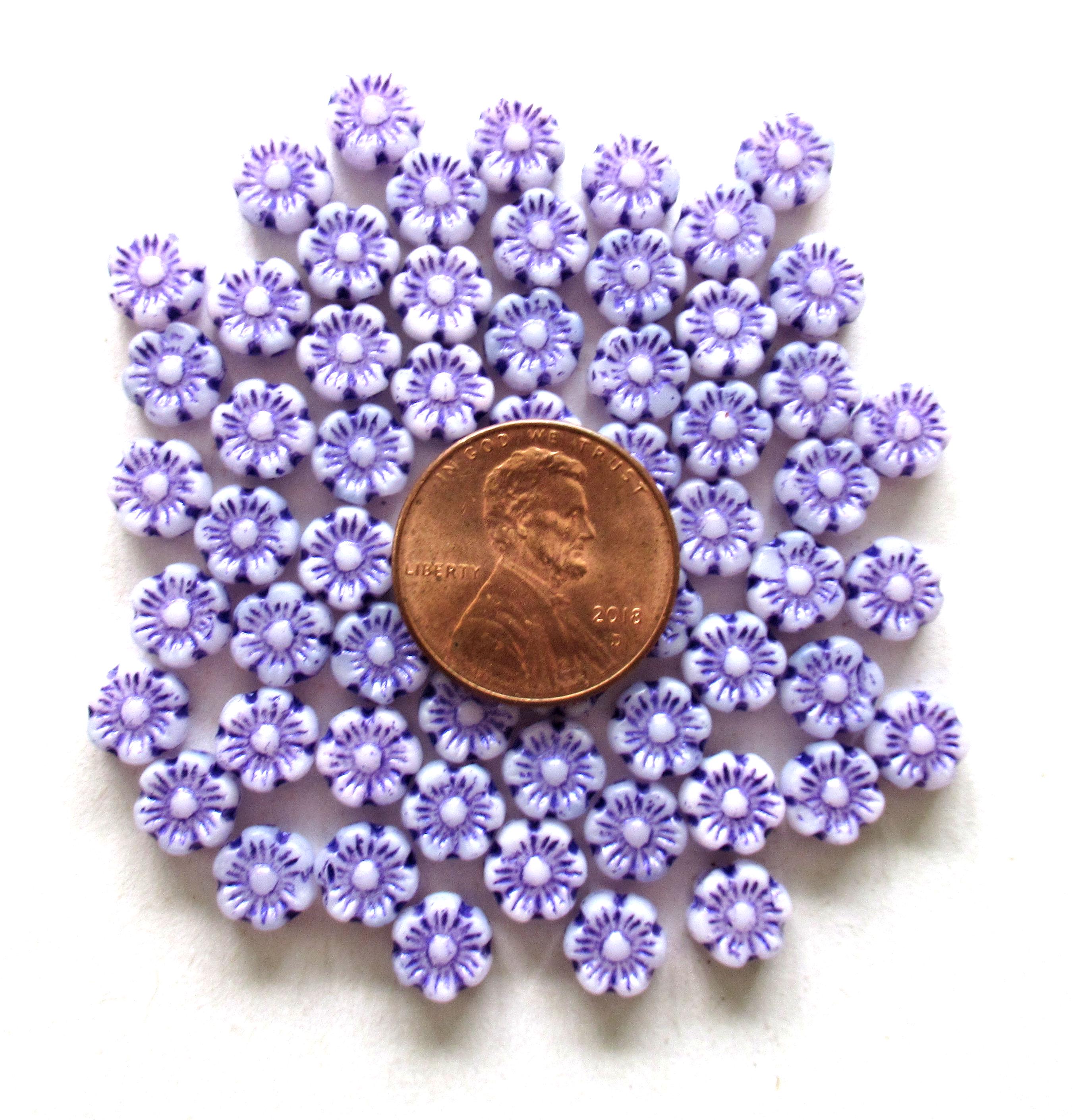 25 Czech glass flower beads - 6mm - opaque white beads with a purple wash - Hawaiian hibiscus flower beads C0068