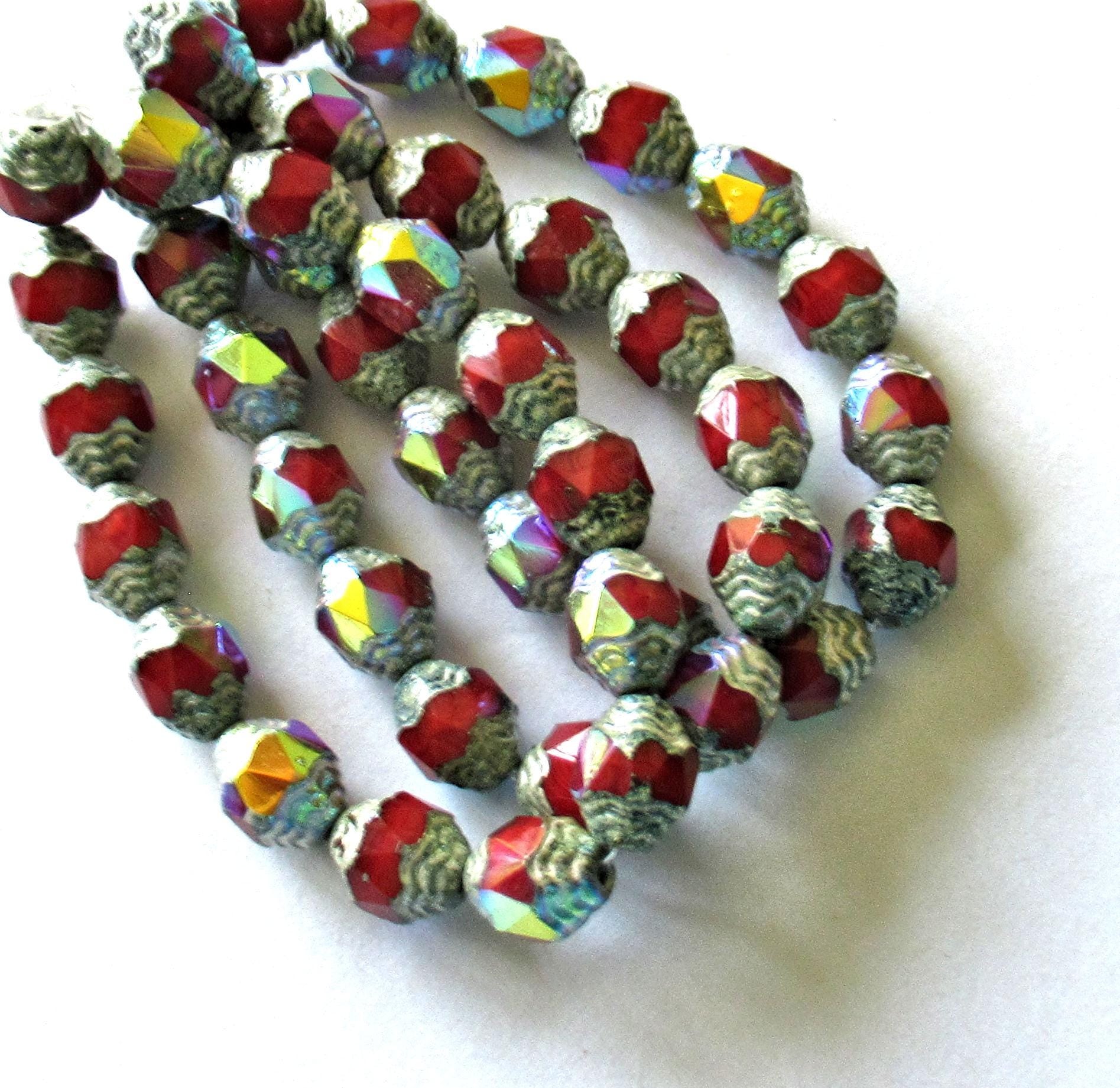 15 Czech glass mini antique style faceted oval beads - 8 x 6mm - red with silver accents & rainbow ab finish - cathedral beads - C00672