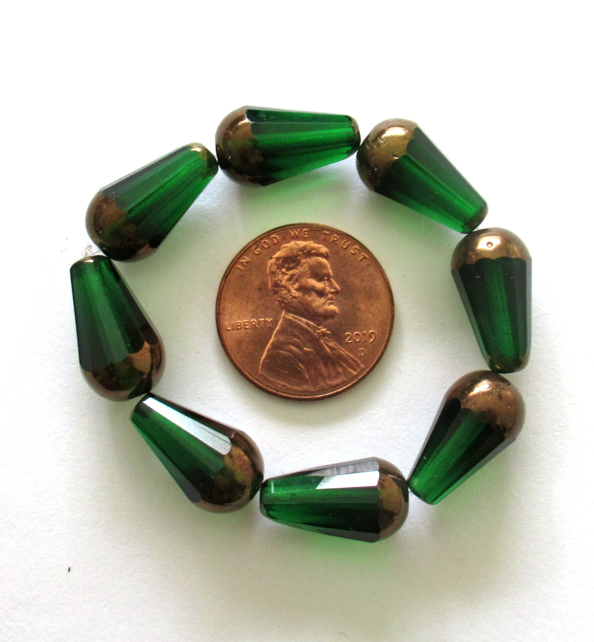 8 Czech glass faceted teardrop beads - 8 x 15mm transparent emerald green w/ a bronze finish on the ends - large drop beads - 00112