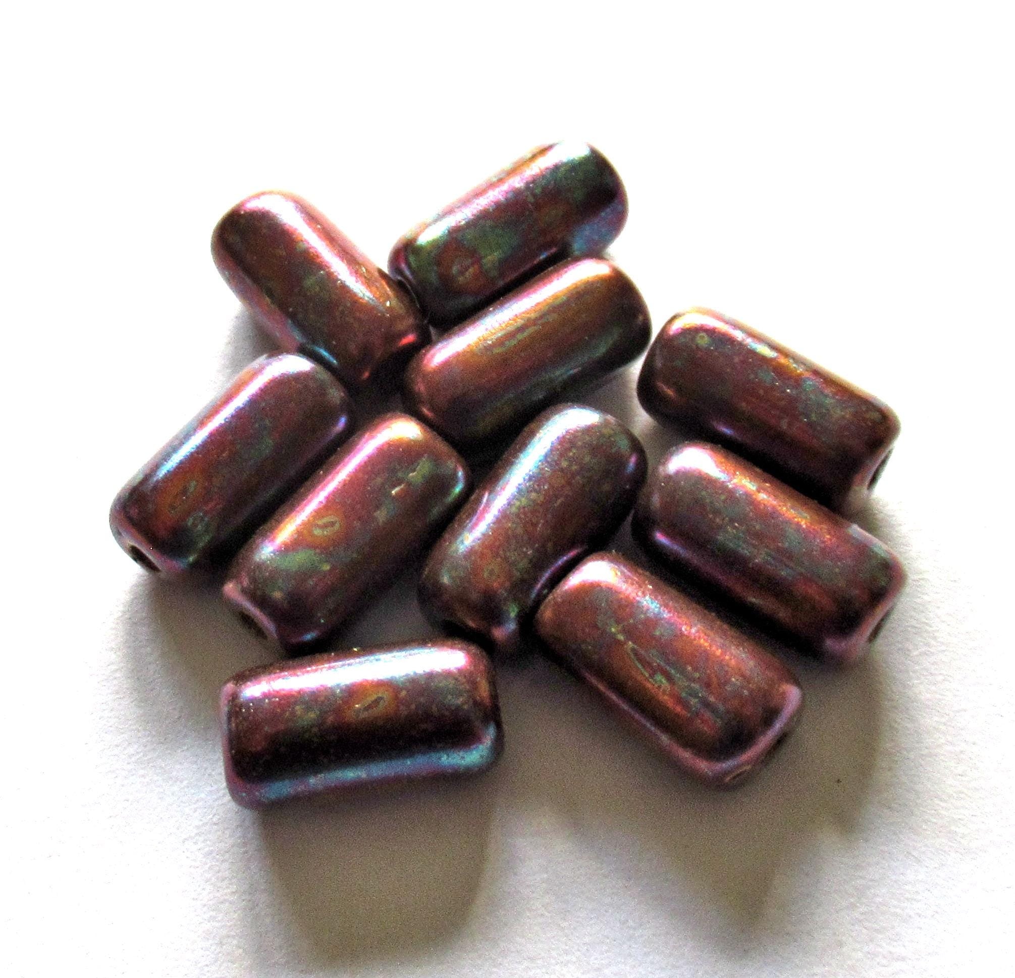 Ten Czech glass tube beads - copper w/ a mother of pearl finish & big 2mm holes - 7 x 14mm - C00052