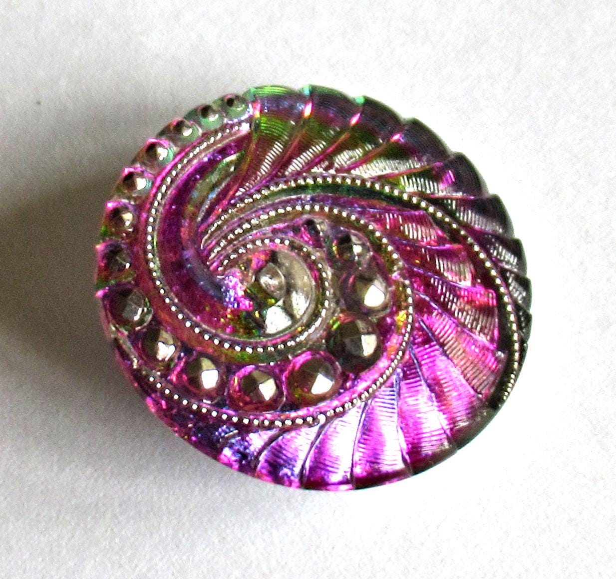 One large 27mm Czech glass button - iridescent pink & purple swirl w/ gold accents - decorative shank button - C00573