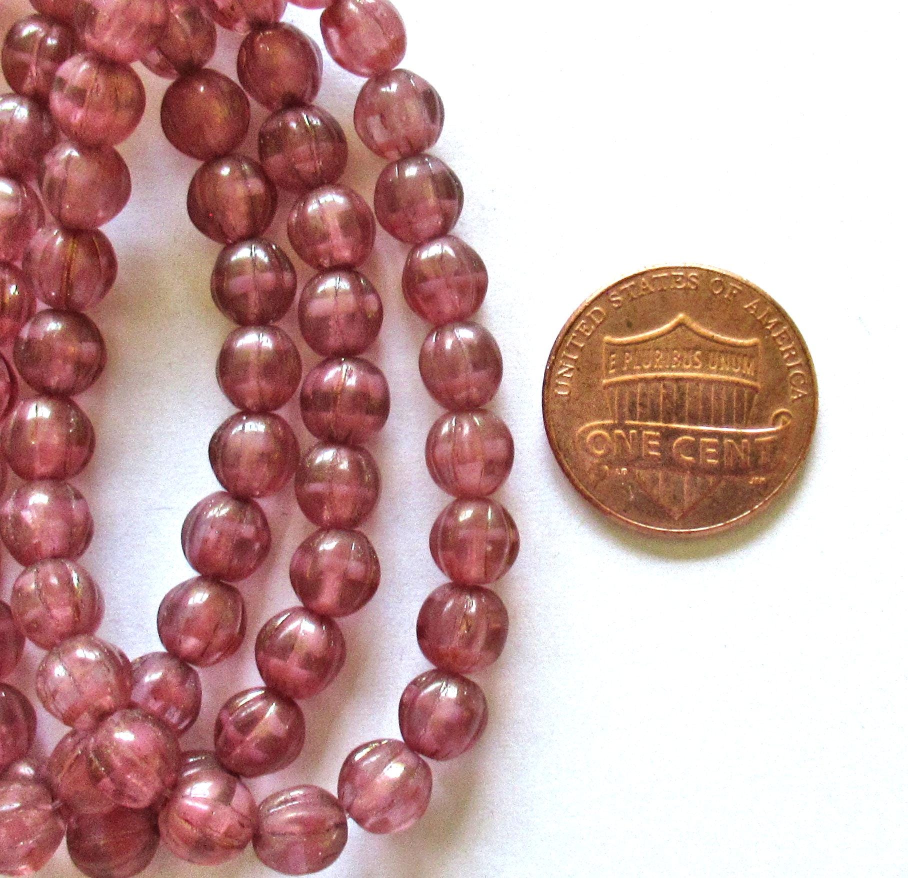 25 Czech glass melon beads - 6mm - translucent pink with a gold luster finish - C00351