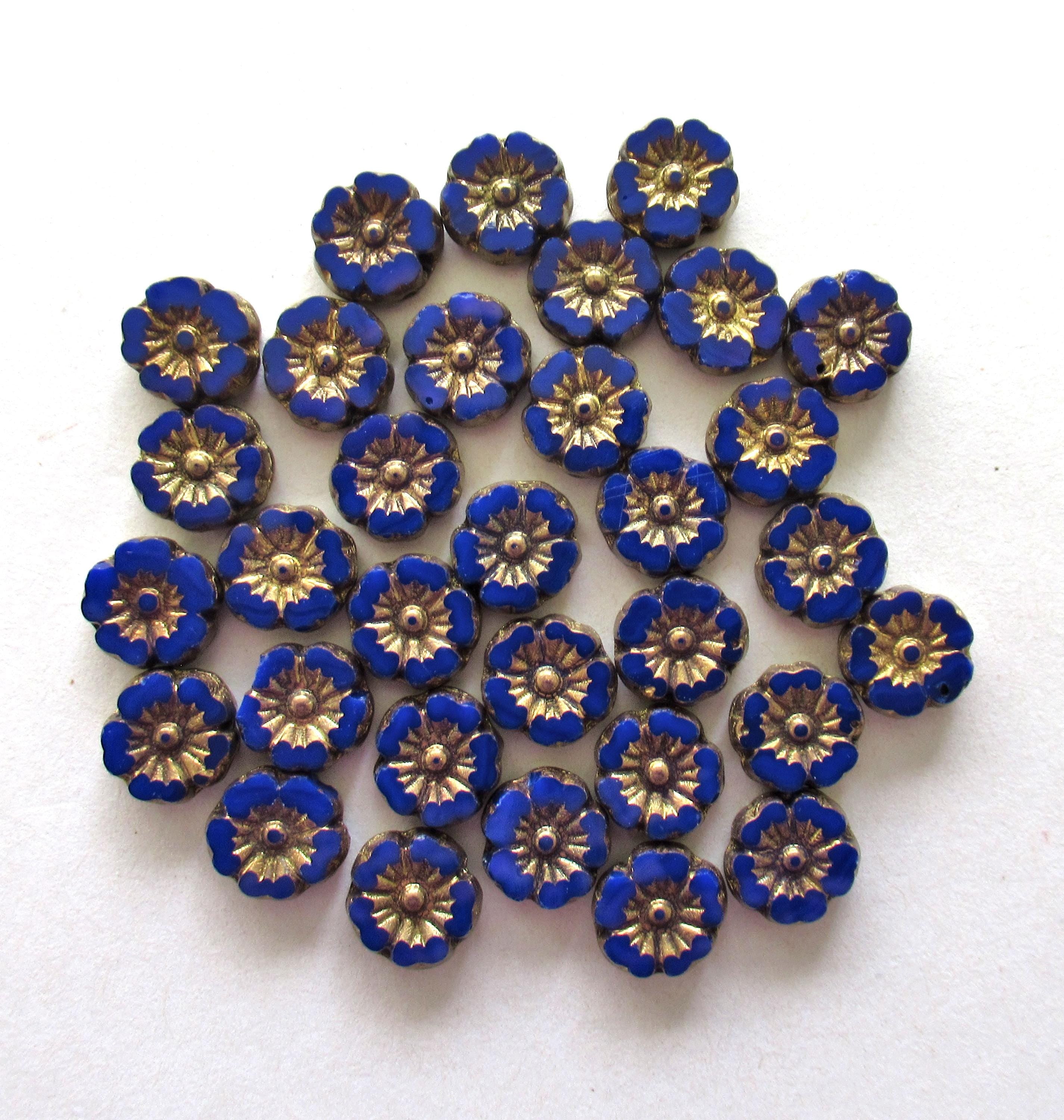 Lot of 16 9mm Czech glass flower beads - opaque royal blue beads w/ gold accents - Hawaiian hibiscus table cut carved beads C00591