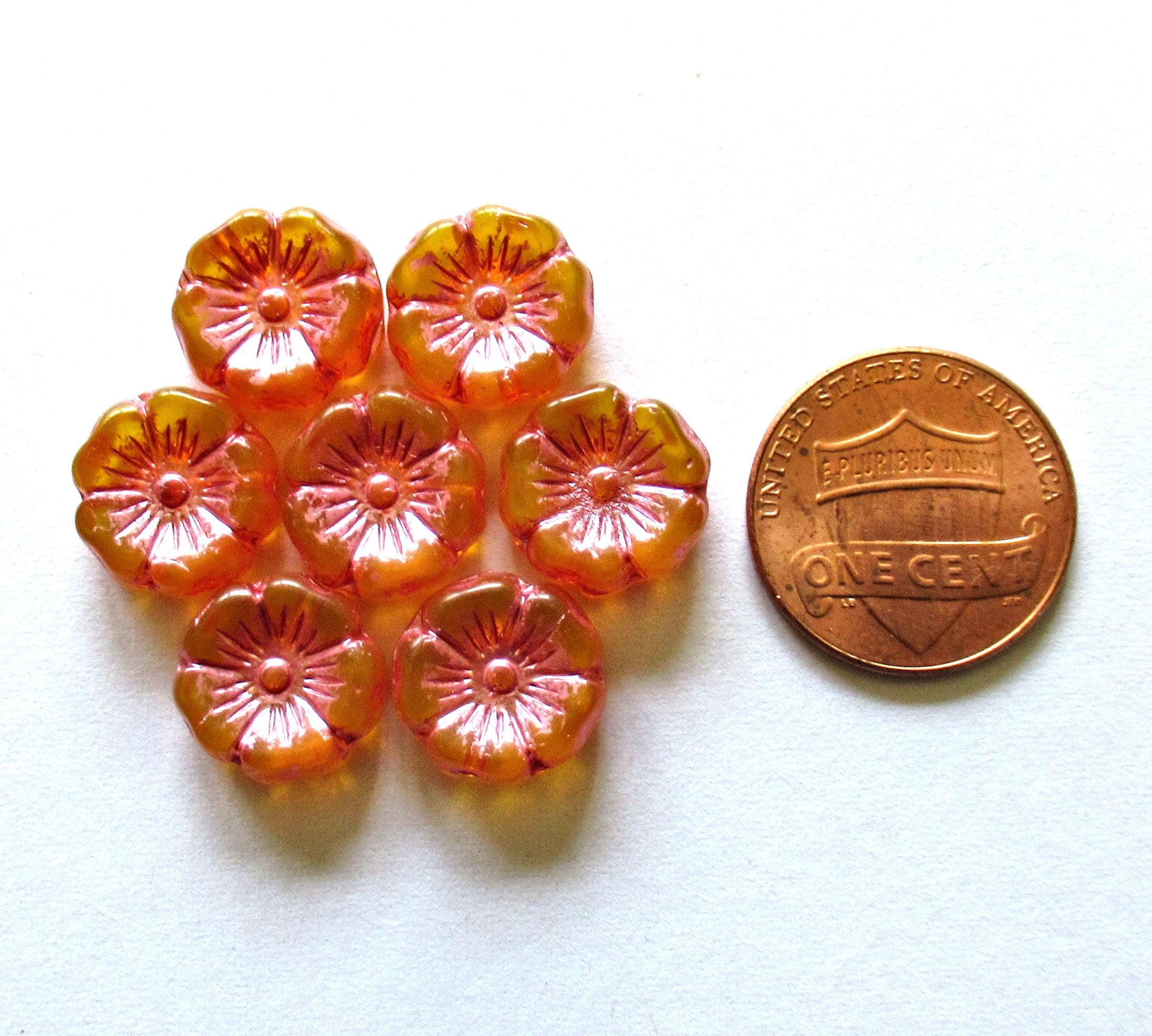 10 Czech glass flower beads - 12mm amber yellow w/ a pink wash - Hawaiian hibiscus floral beads - C00431