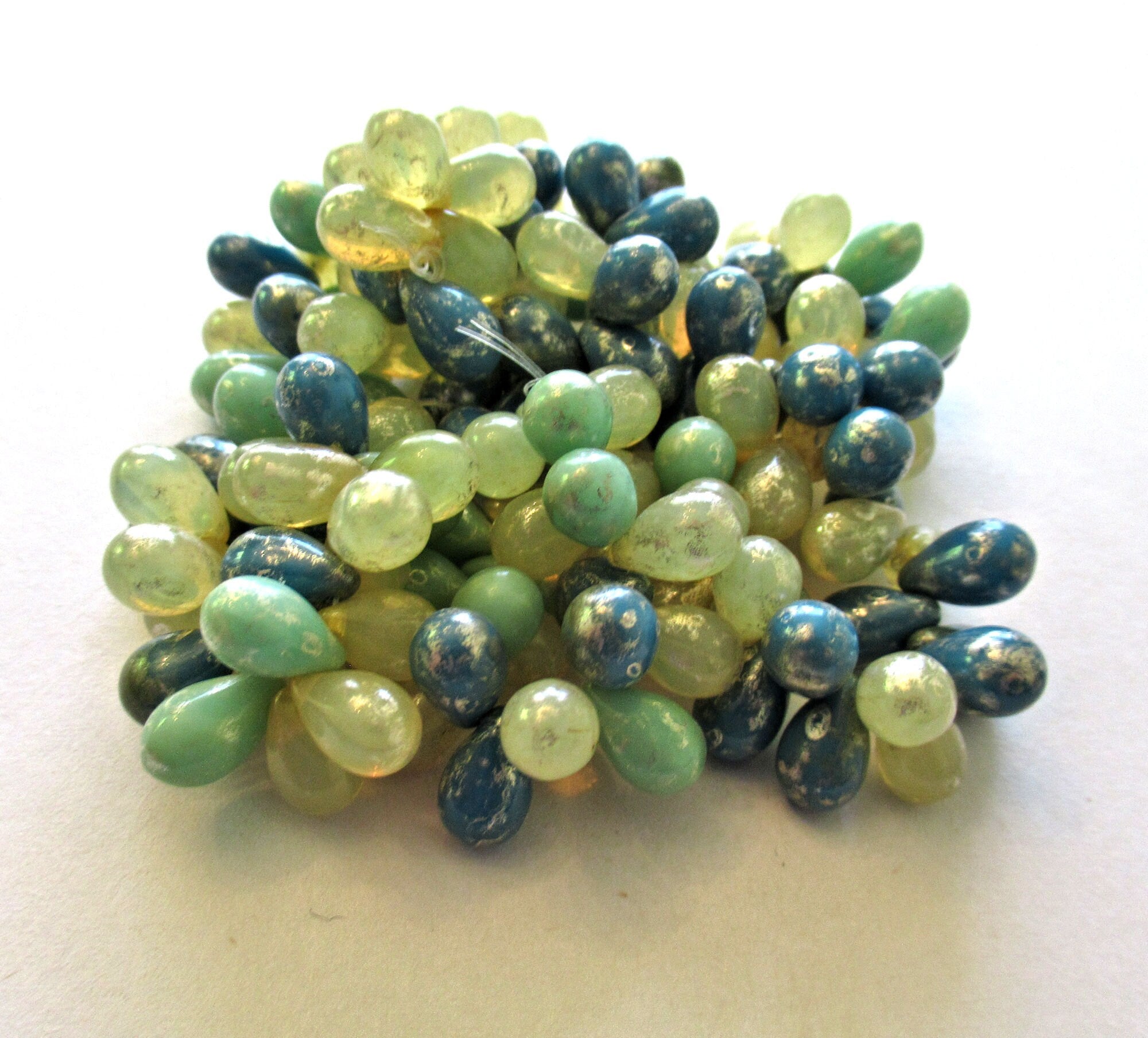 25 Czech glass drop beads - translucent champagne & opaque green and blue mix w/a picasso finish - smooth teardrop beads - 9 x 6mm C800051