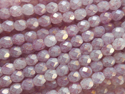 25 6mm Luster Stone Pink Czech glass beads, firepolished, pink faceted round beads with picasso finish, C9425