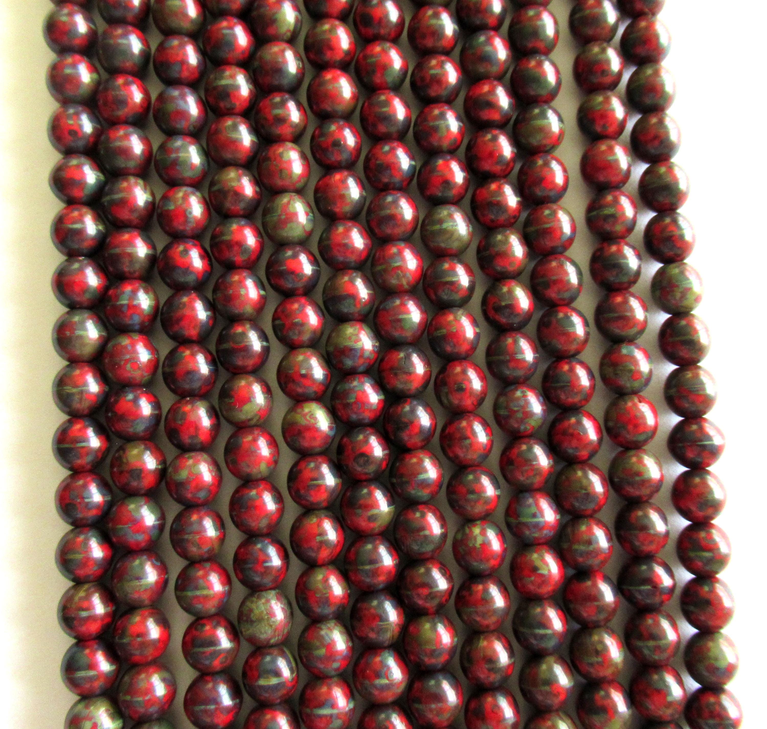 50 6mm Czech glass druk beads - opaque dark red beads with a full picasso coat - earthy rustic smooth round druks - C0029