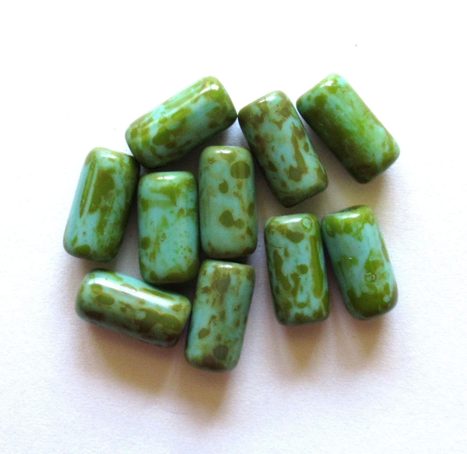 Ten Czech glass tube beads - turquoise green w/ picasso coat & big 2mm holes - 7 x 14mm - C00031