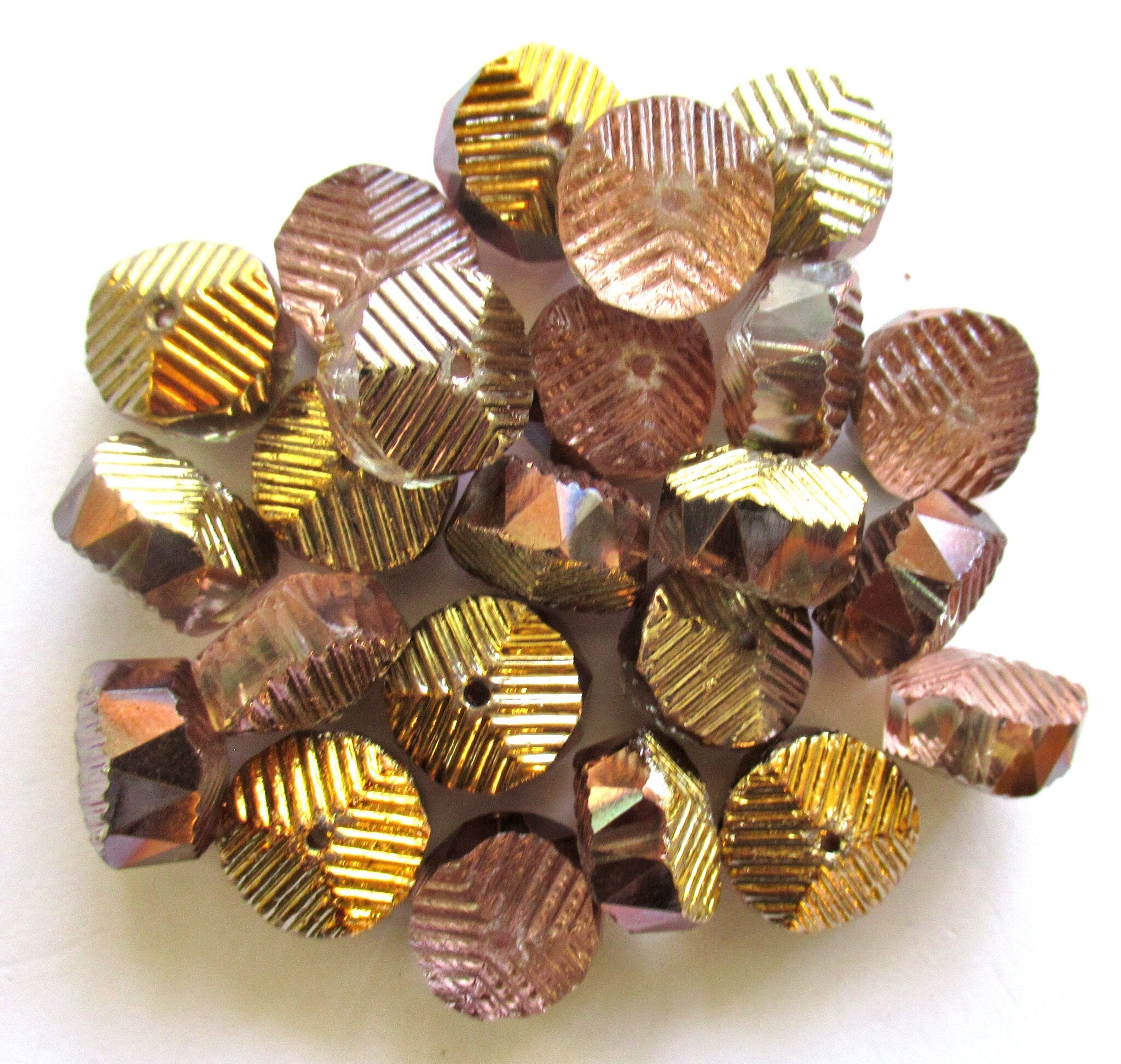 Six Czech glass faceted wavy rondelle beads - large 14 x 6mm copper and crystal mix chunky rondelles - C00941