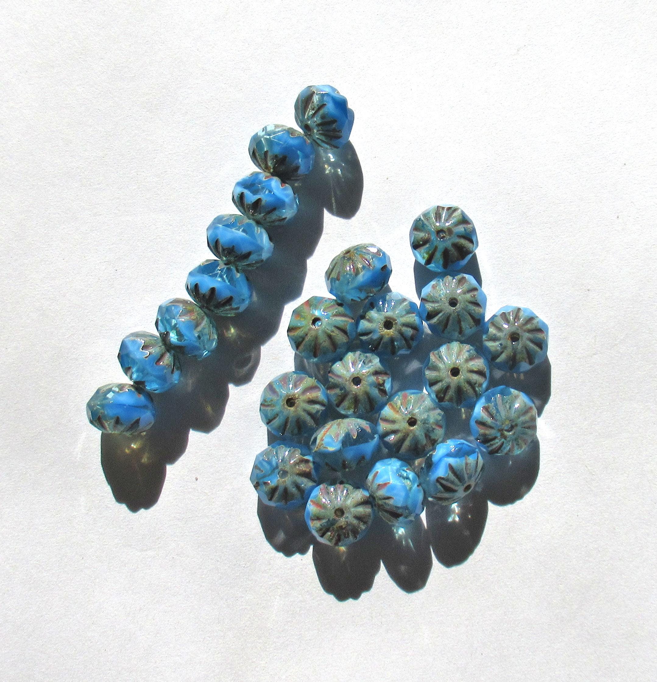 Ten Czech glass faceted carved cruller beads - 10 x 7mm - sky blue silk and crystal clear mix w/ picasso accents - 000451