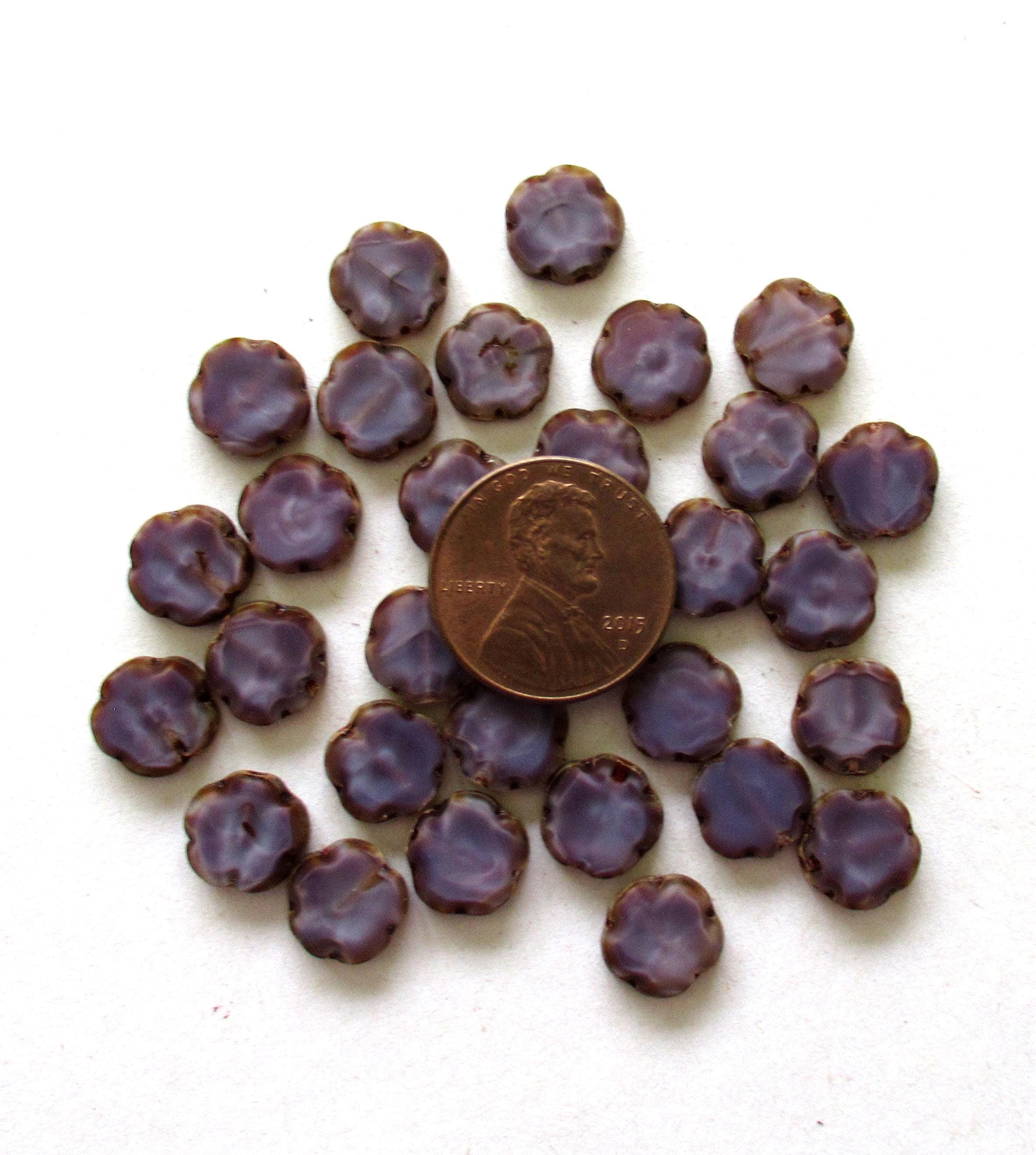 Czech glass flower beads - marbled silky purple or amethyst picasso flowers - 10mm table cut beads - 10 pieces - C00101
