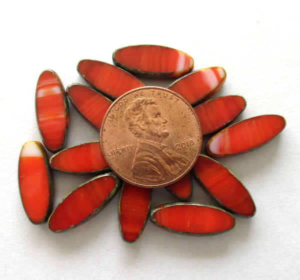 Twelve Czech glass spindle beads - 16 x 6mm - opaque marbled red & white picasso - table cut - almond shaped beads C00641